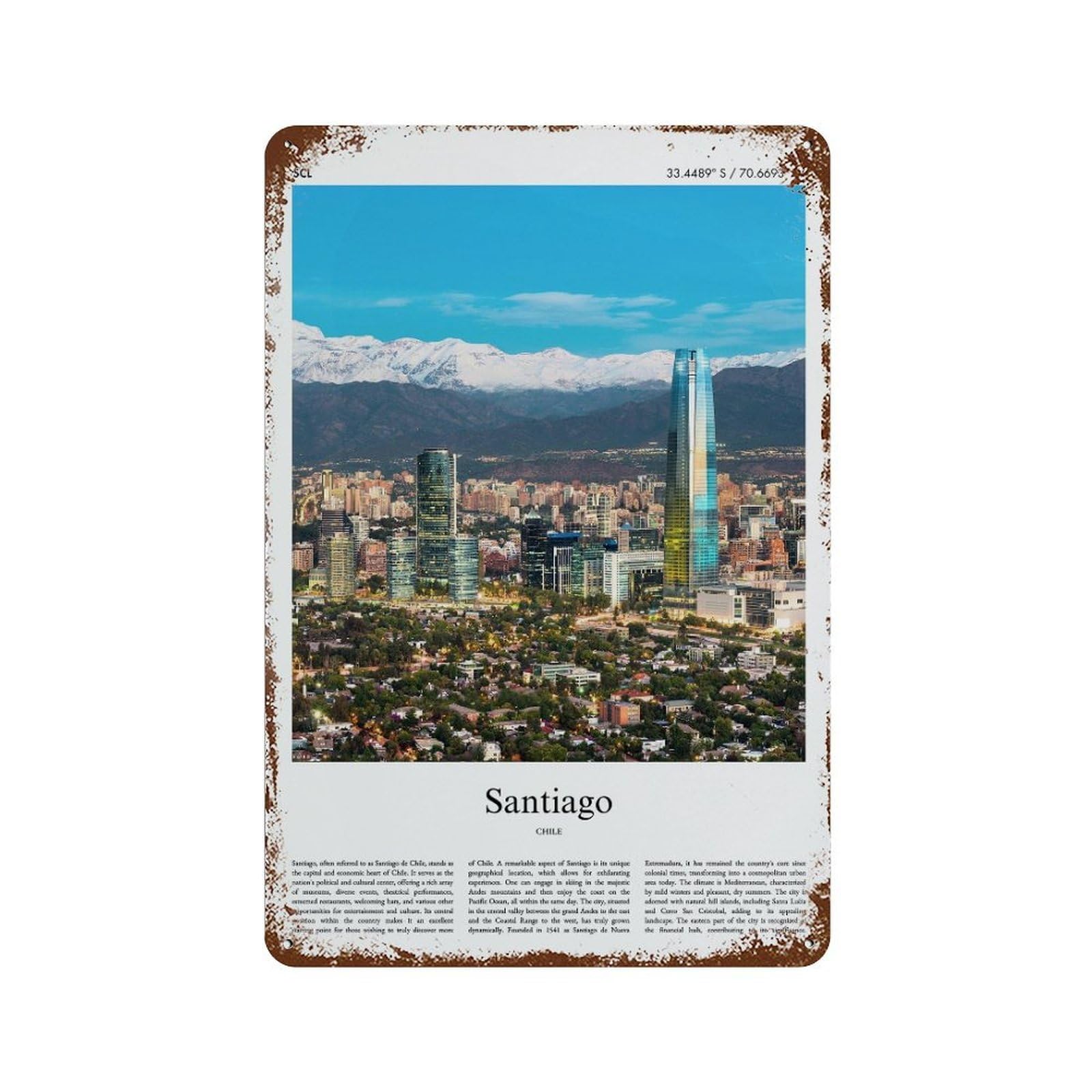 xiaoxiaoshen Santiago Chile City Scenery Wall Decor Art Metal Tin Poster Modern Home Decor Art Home Bar Shop Decorations Vintage Sign 30x20cm
