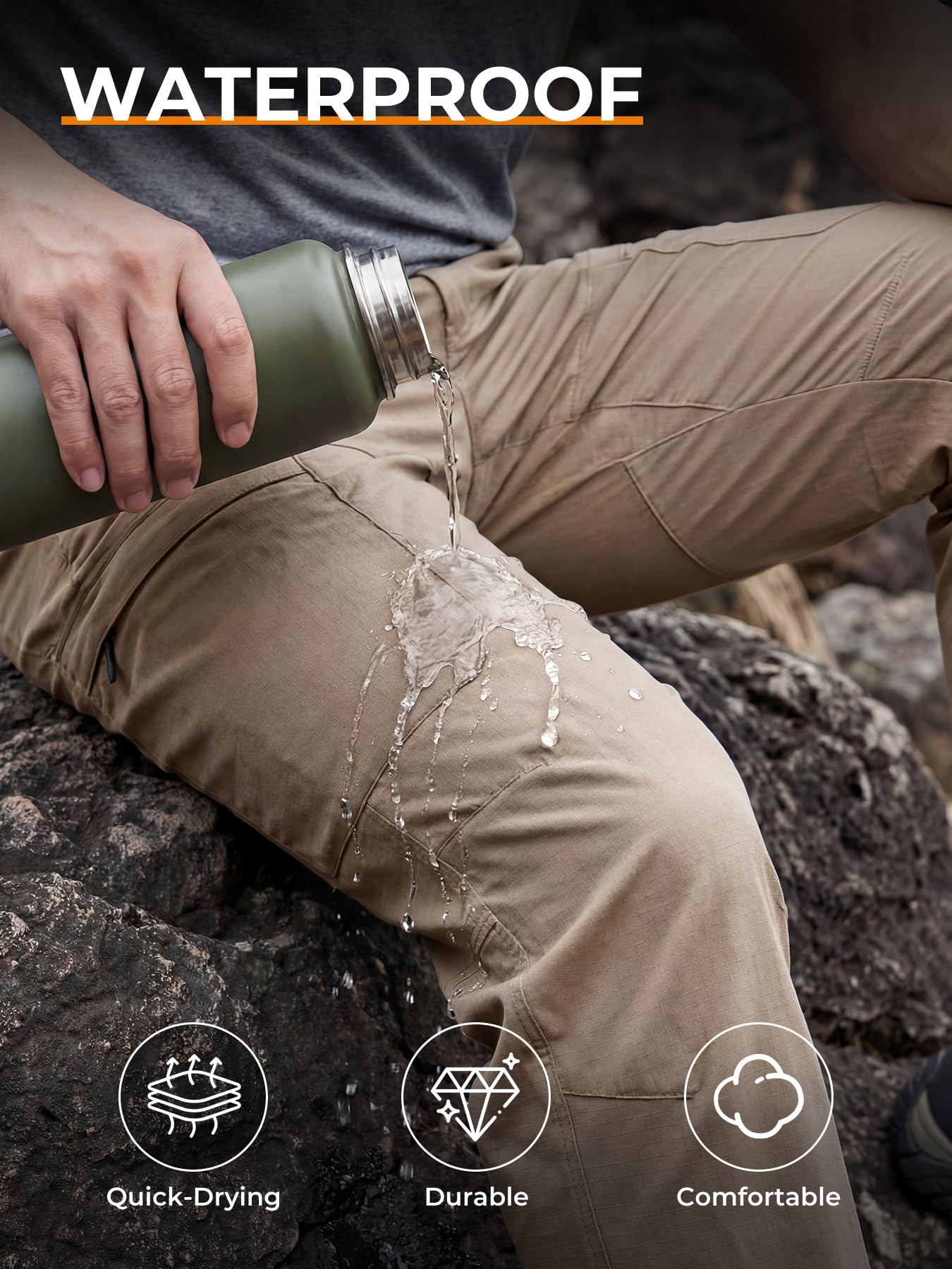 Pantalon tactique pour homme 7 poches Ripstop Cargo Pantalon de travail imperméable léger pour l'extérieur, la randonnée et la pêche