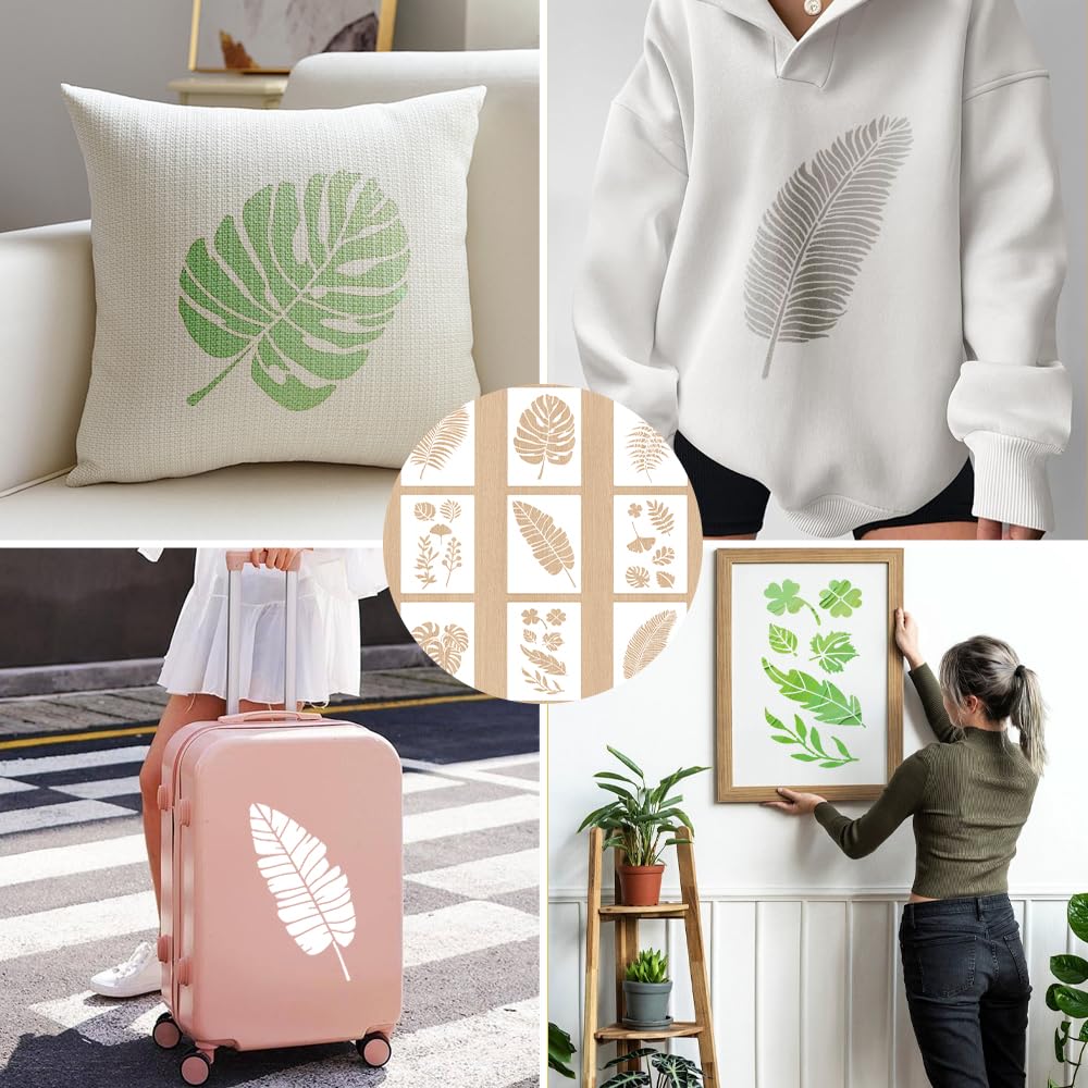 Set di 9 Grandi Stencil piante, Stencil per Disegno Botanico, 40x30 cm, Stencils Foglie Tropicali in Plastica per Fai Da Te, Legno, Mobili, Scrapbooking, Decorazione Parete, Tessuto, Riutilizz