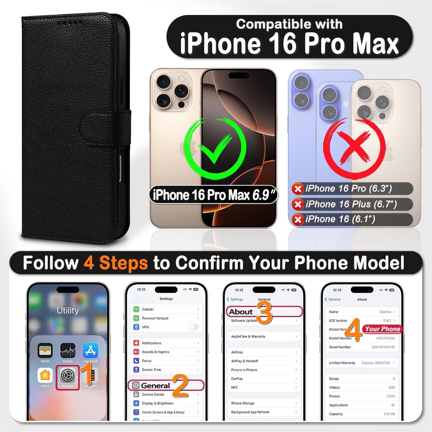 for iPhone 16 Pro Max Detachable Wallet Case Flip Leather Folio with 4 Card Holder, RFID Blocking, MagSafe Compatible, Microfiber Lining, Wrist Strap, Lightweight, for Women/Men (Classic Black) - Image 2