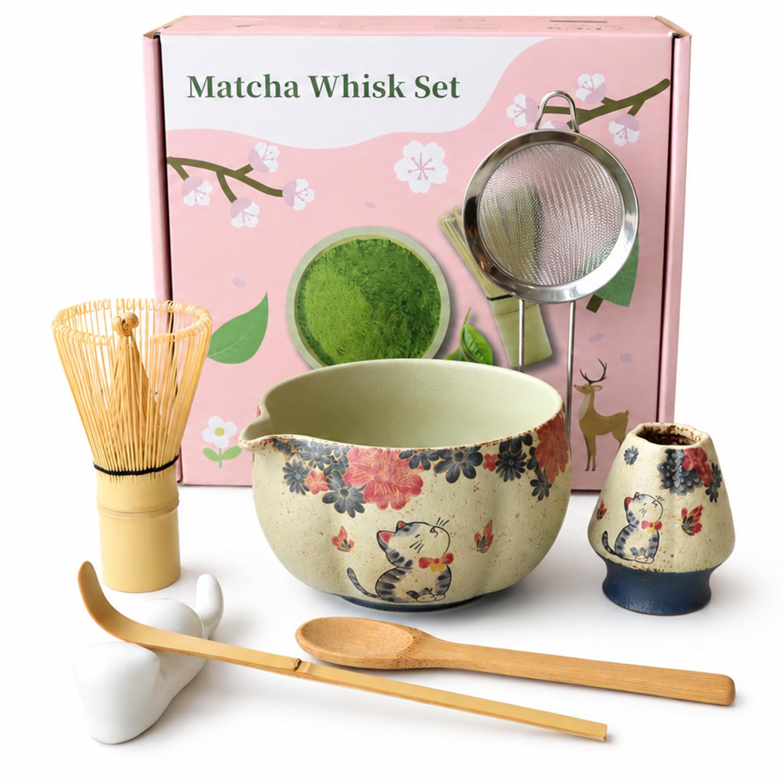 Matcha Set 8 Stück, Handbemaltes Katzen-Kirschblüten-Motiv, mit Naturbambus Matcha Besen, Besenhalter, Keramik Matcha Schale, 2 Löffel, Löffelhalter, Sieb&Teetuch–hochwertiges Macha Tea Set