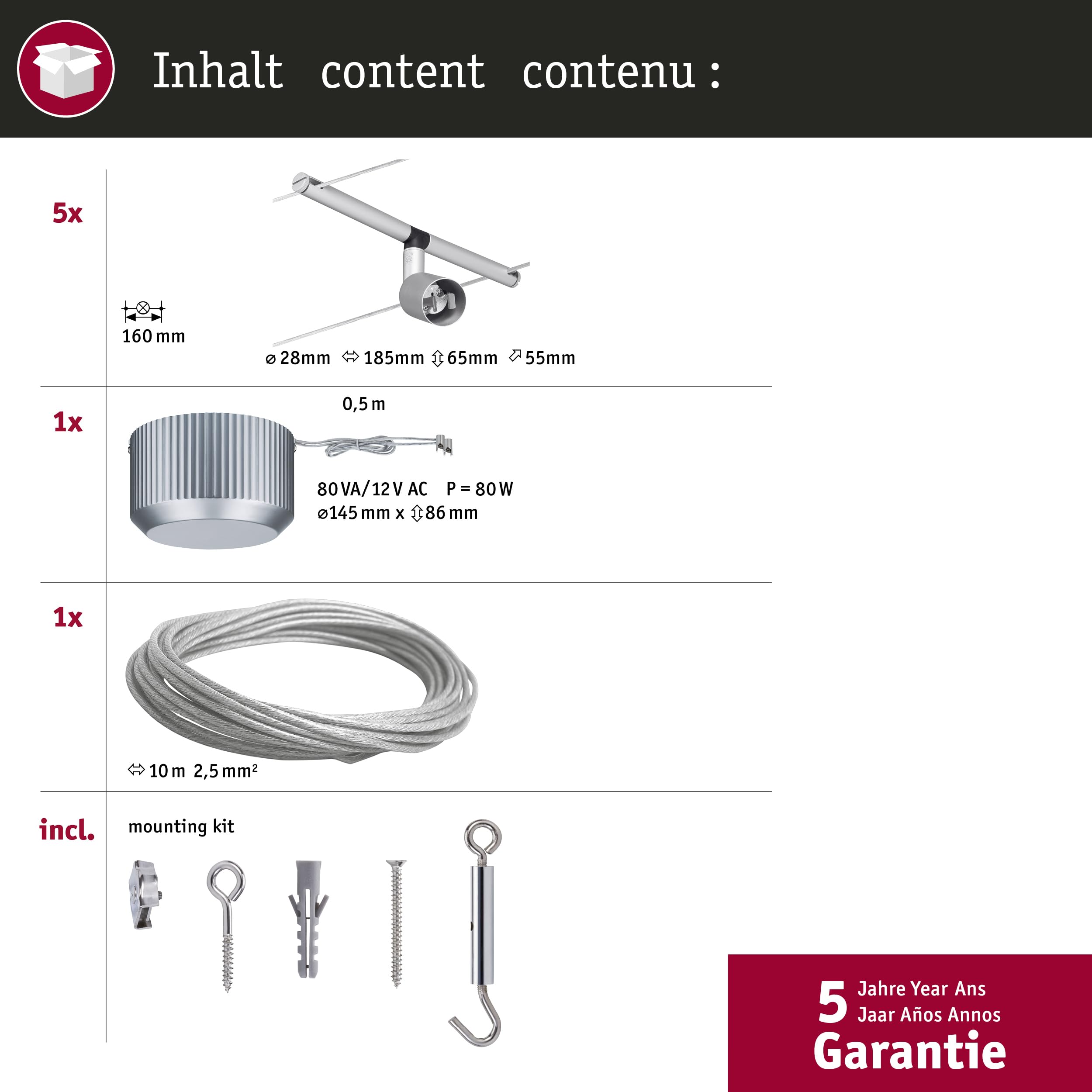 Paulmann 94145 Système de Câbles Sice Salt Set Extensible 5x10W max, Chrome Mat Système sans Ampoules