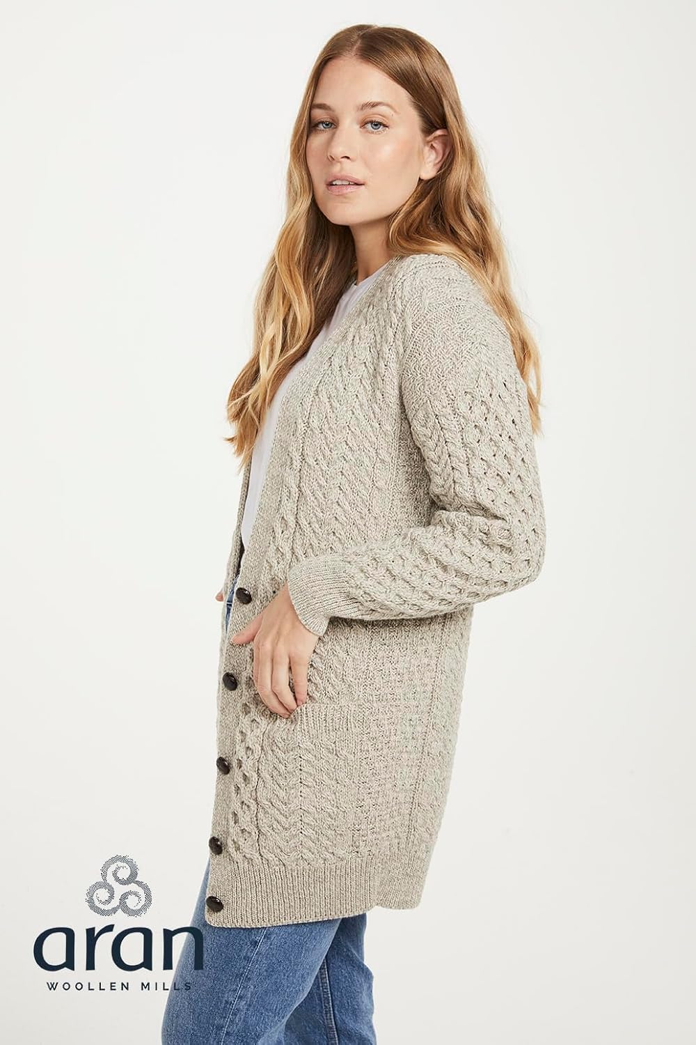 Aran Woollen Mills Ireland 100% Supersoft Merino Wool Boyfriend Cardigan Long Sleeve for Women