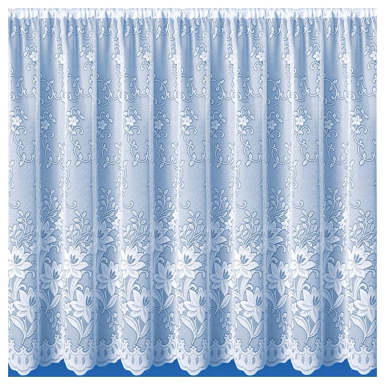 Tyrone Textiles Lagos White Floral Net Curtain – Elegant Lace Design with Scalloped Hem & Dust and Pollen Filtration – Rod Slot Top – Width 5m / Drop 45" (114cm) – Sheer Privacy Window Curtain