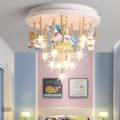 Miniatura 2 de CEKUXPS Lámpara de techo LED moderna, colgante de montaje empotrado de 4 luces, luz de resina de carrusel de dibujos animados, cuerpo redondo,