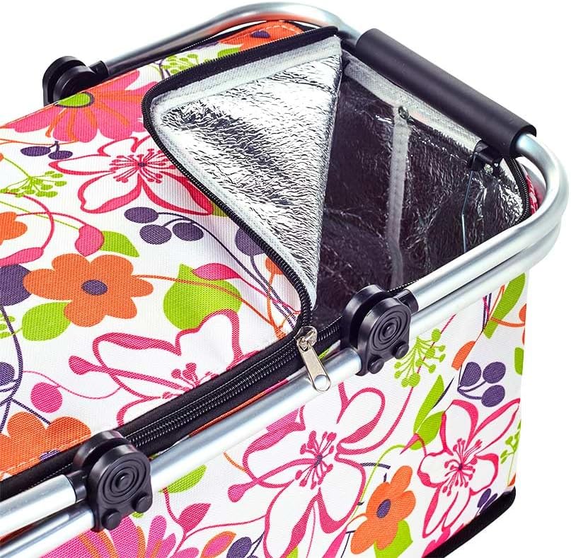 Floral Insulated Picnic Basket with Aluminum Handles