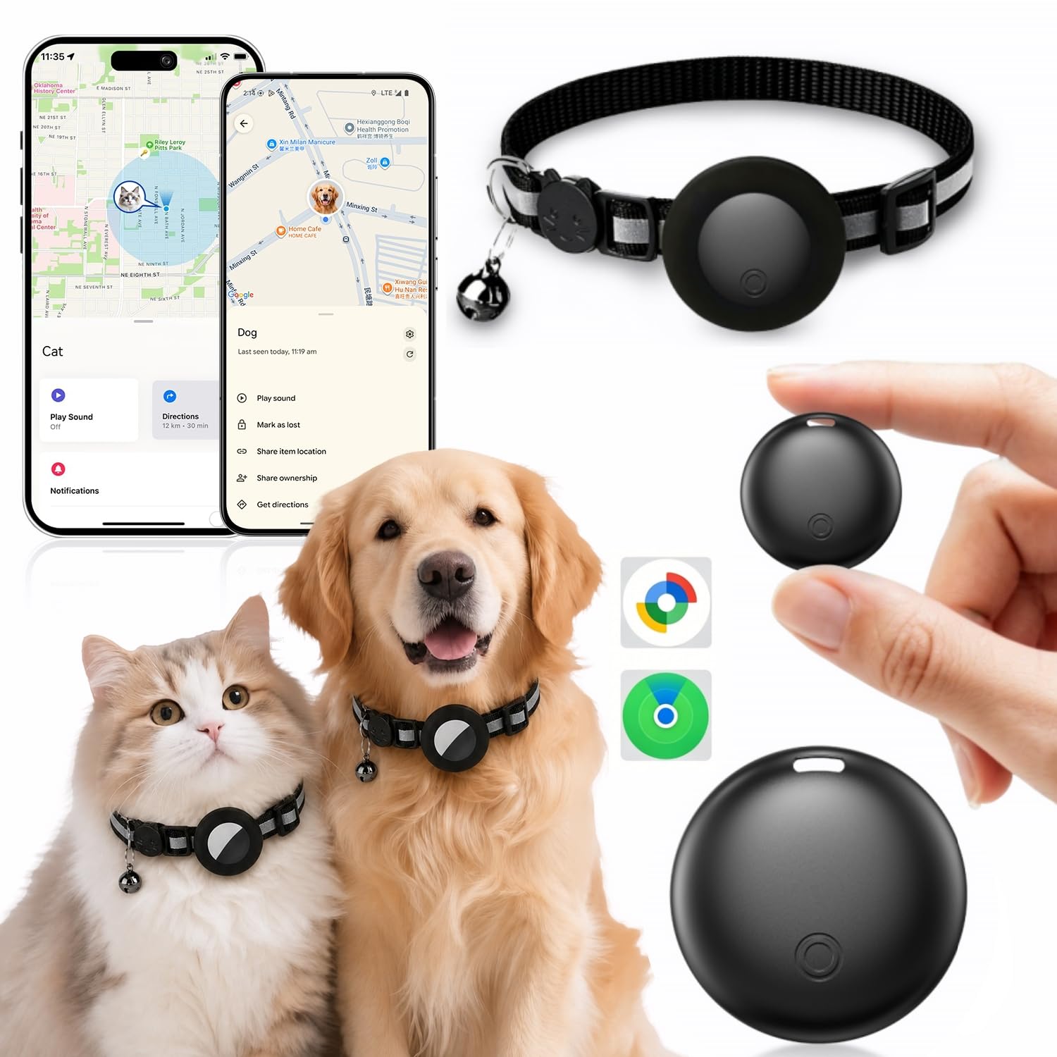 Collare GPS per Gatti, GPS per Cani Senza Abbonamento, Localizzatore GPS Cani Tracciamento Compatibile con iOS e Android, Prolongazione di un Anno, Impermeabile IP67 Tracker tag