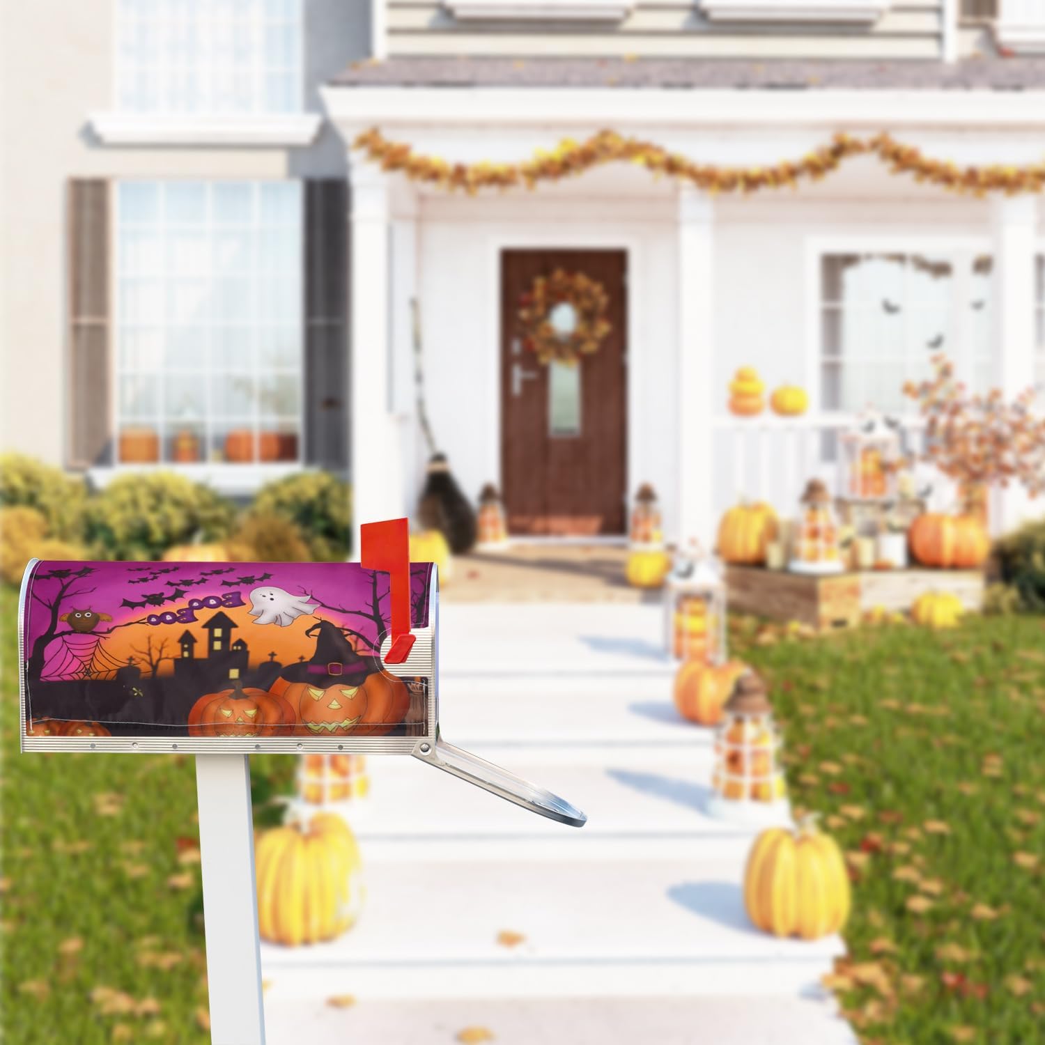 PEUTIER Halloween Magnetic Mailbox Cover, 21x18in Pumpkin Ghost Post Box Cover Purple Mailbox Cover Wraps Mailbox Covers Magnetic for Garden Yard Decor