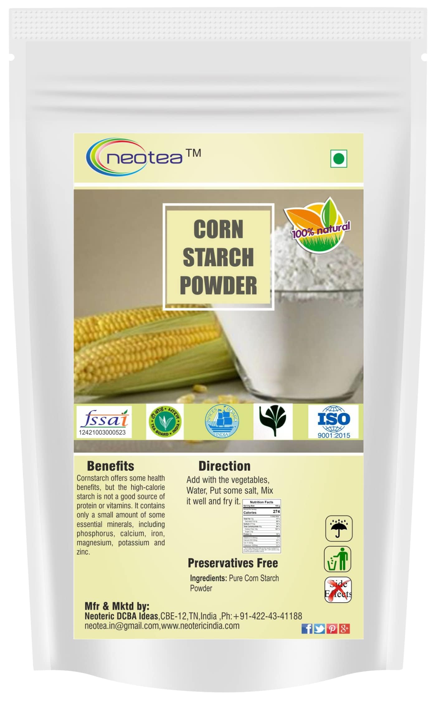 Neotea Pure Corn Starch Powder Zea Mays for Cooking, 500 G