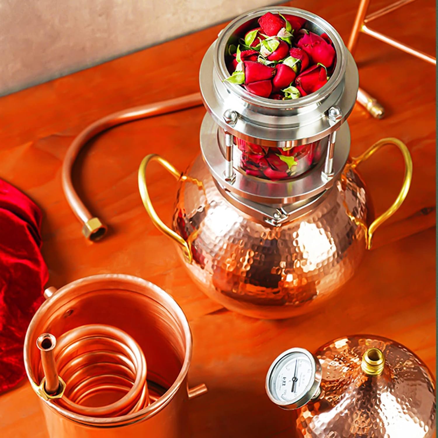 10L Copper Moonshine Still, Home Brewing Kit, with Cooling Tube and Thermometer, Hand-Hammered Copper Alembic Distiller by