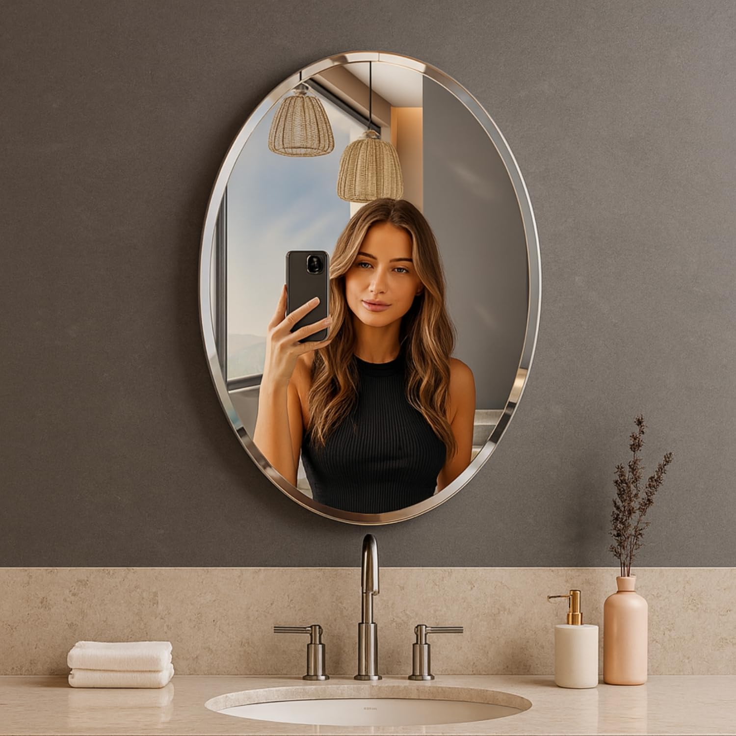 The Deqor Essential Thick Frameless Wall Mount Premium Beveled Bathroom Mirror,Modern,Vanity,Glass,Bedroom,Living Room,Durable & Clear,Standard Trim,Oval Shape,Unframed,12x18 Inch|BVM1218A3-image-35