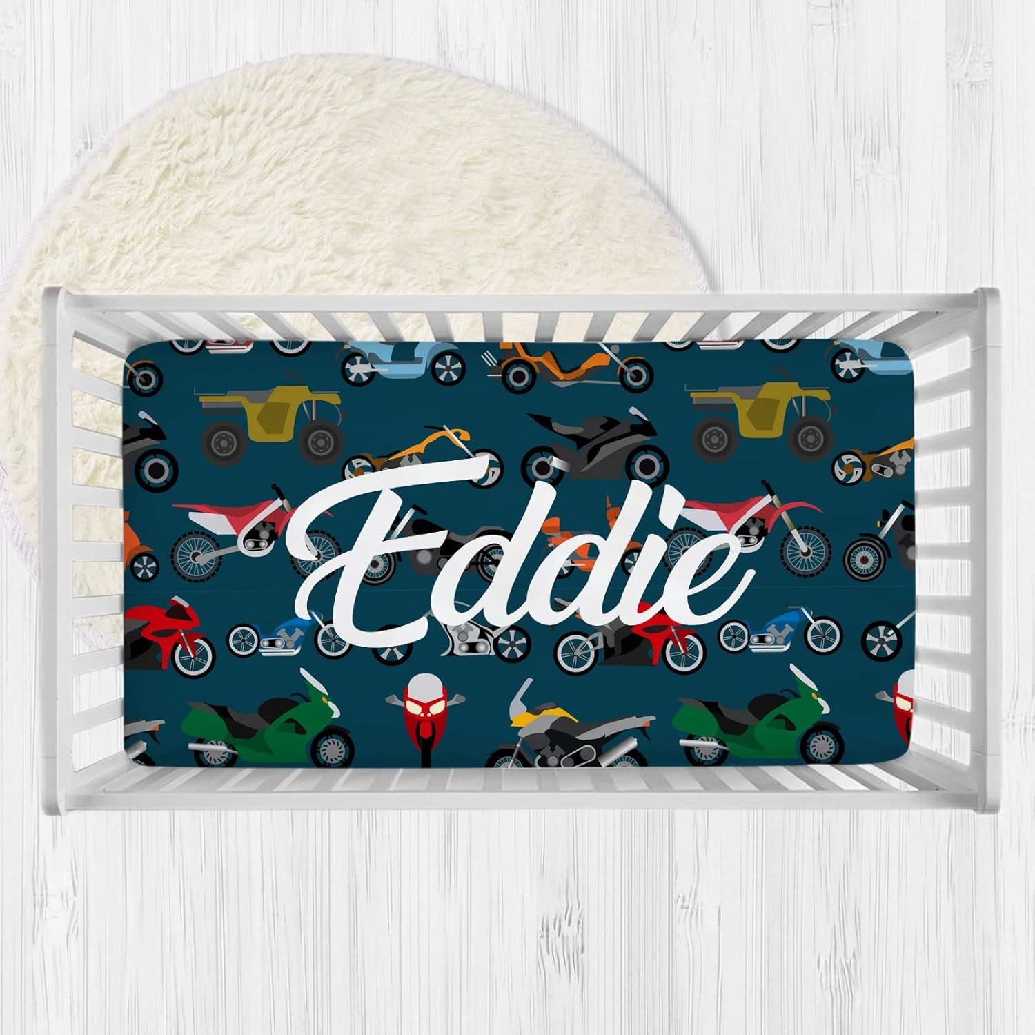 Personalized Motocross Baby Crib Sheets with Name, Custom Dirt Bike Fitted Crib Bedding Sheets for Baby Boys, Motorcycle Mini Crib Sheet, Crib Mattress Sheets, Name Crib Sheets, Pack and Play Sheets