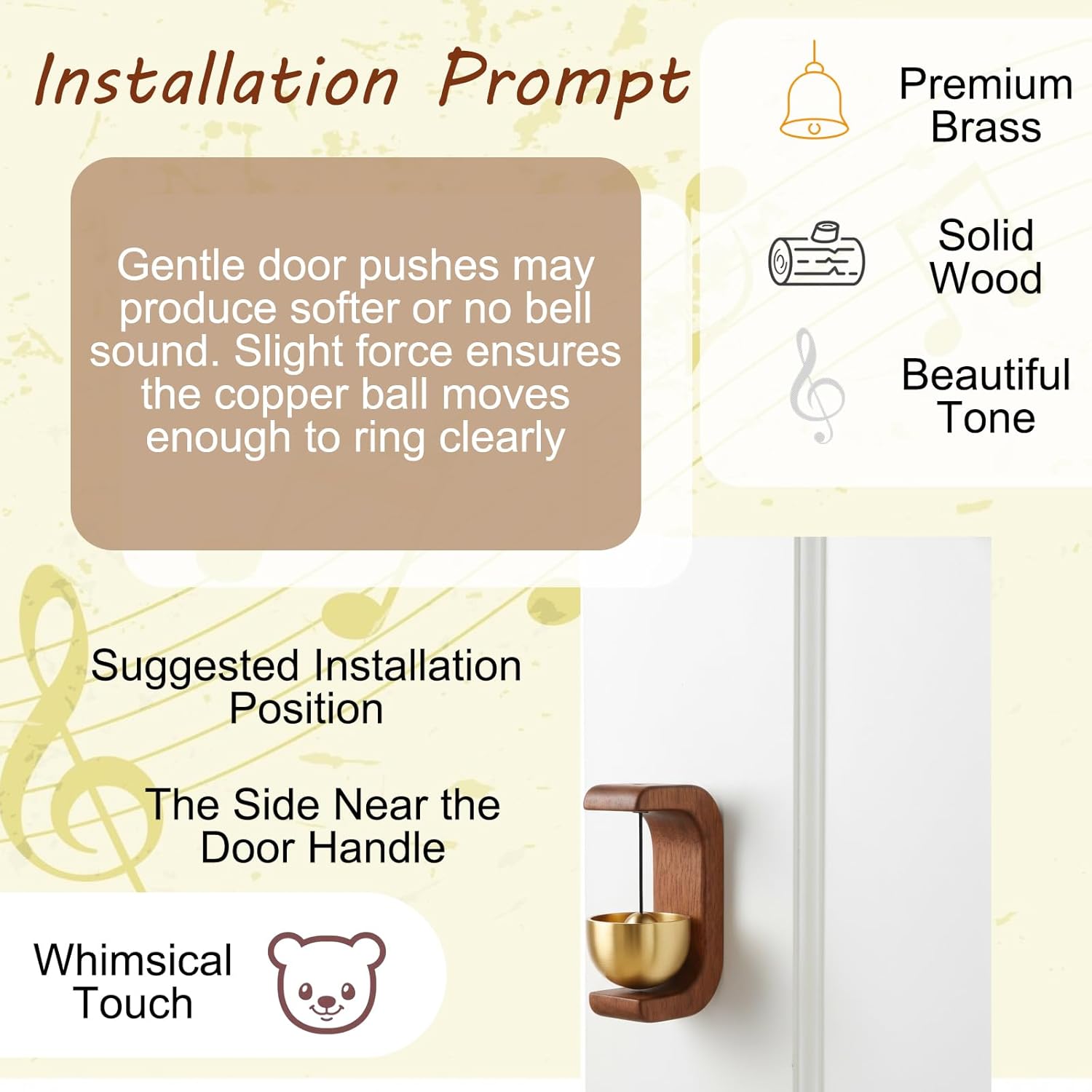 2 Pack Bell for Door, Wooden Doorbell with Strong Adhesive Backing, Magnetic Door Bell for Home Office, Natural Beech Wood and Walnut Finish