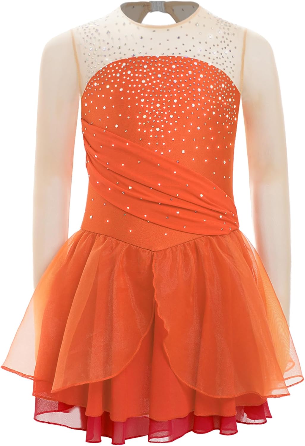 Freebily Kids Girls Ice Figure Skating Dress Long Sleeve Backless Sparkly Leotard Skating Dance Skirt Dress