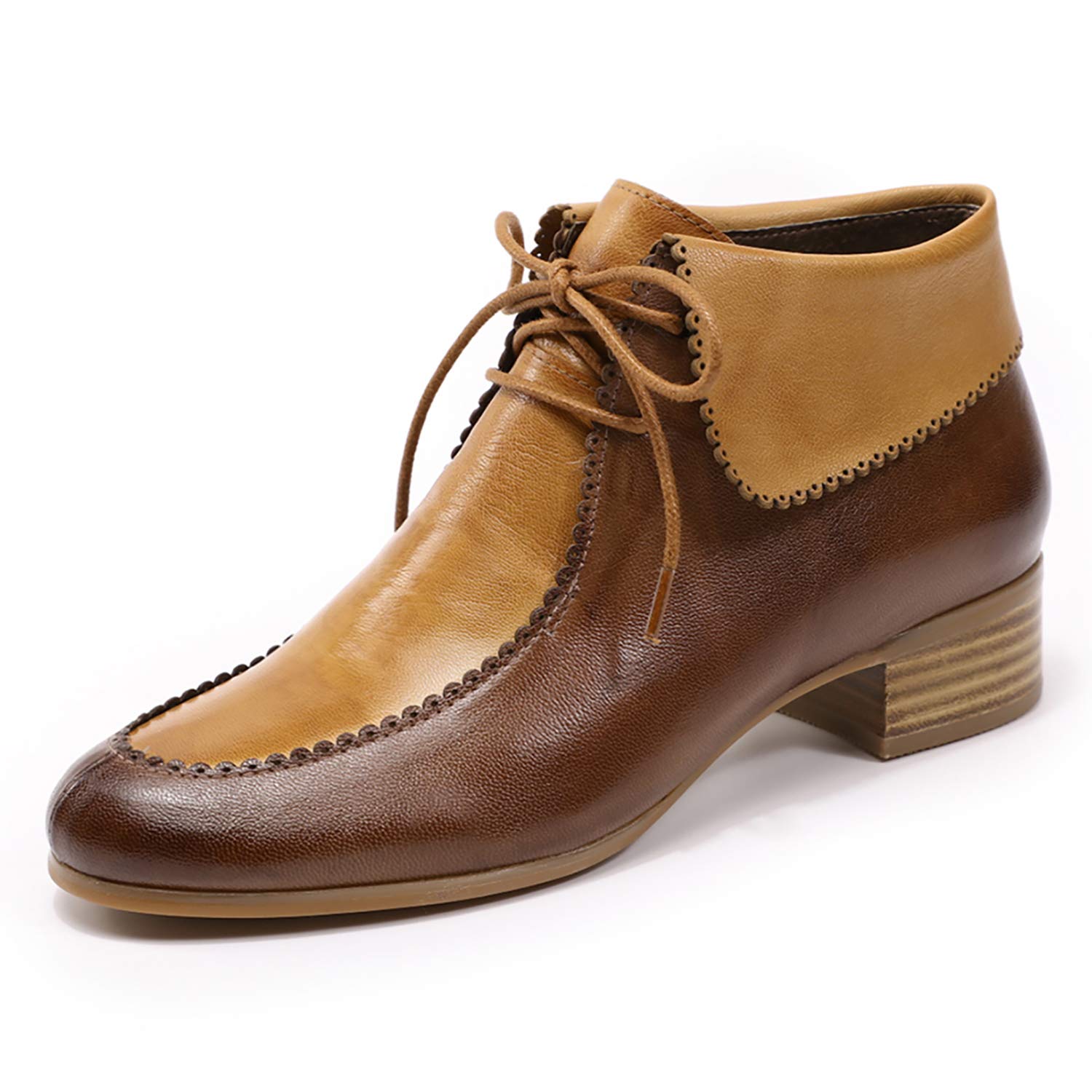 Mona flying Lace-up Leather Ankle Boots for Women Low Heel Fashion Tie up Dress Booties