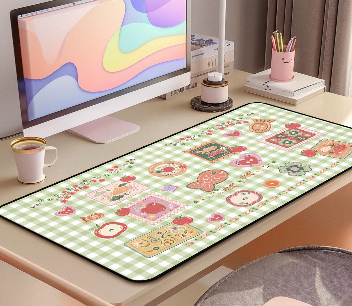 Mouse Pad Cute, Green White Checkered Desk Pad, Retro Gaming Desk Mats, Large Mousepad Laptop Keyboard Mouse Mat, Funny Food Girls Office Desktop Decor Accessories, for Women 31.5"X15.7" image 5