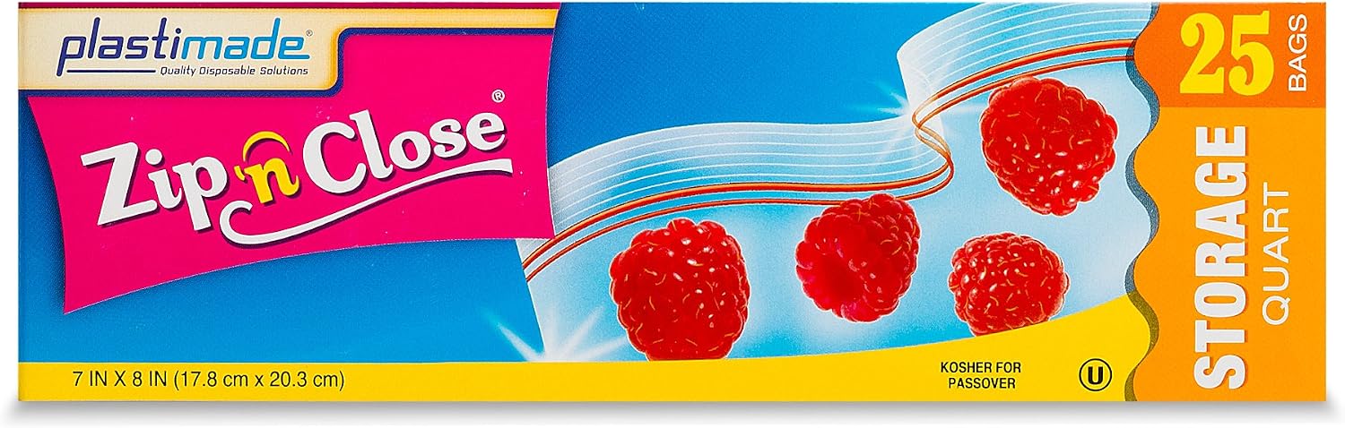Plastimade Zip'n'Close Disposable Plastic Resealable Storage Bags, Quart Size, 100 Bags, Great for Home, Office, Vacation, Traveling, Sandwich, Fruits, Nuts, Cookies, Or Any Storage Needs (4 Packs)