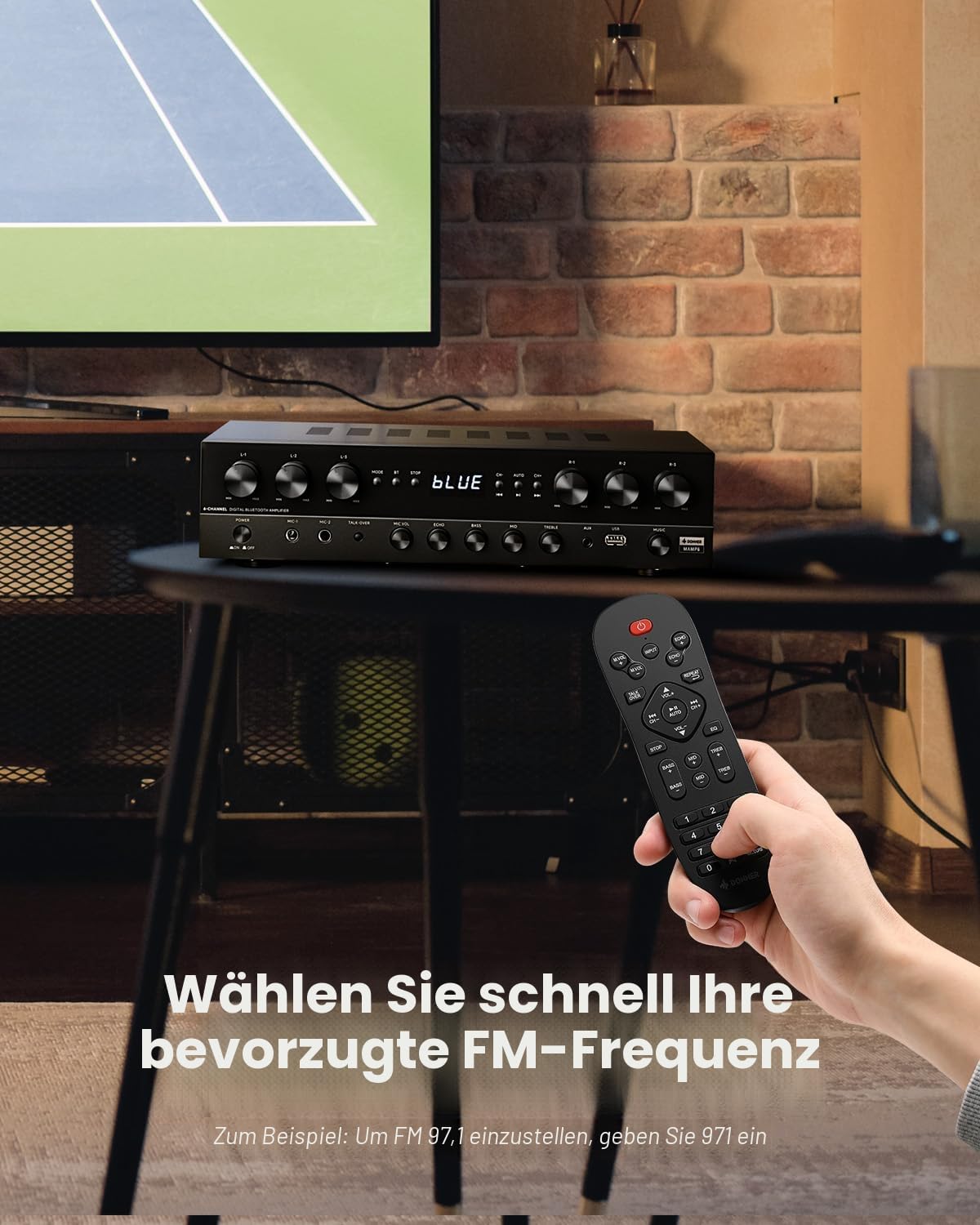 Donner Stereo Verstärker, 6-Kanal Verstärker mit 1000 W Maximalleistung und Bluetooth 5.3, USB, FM, 2 Mikrofoneingängen, Cinch, Glasfaser/Koaxial Eingang für Heim, Karaoke und Kinolautsprecher, MAMP6