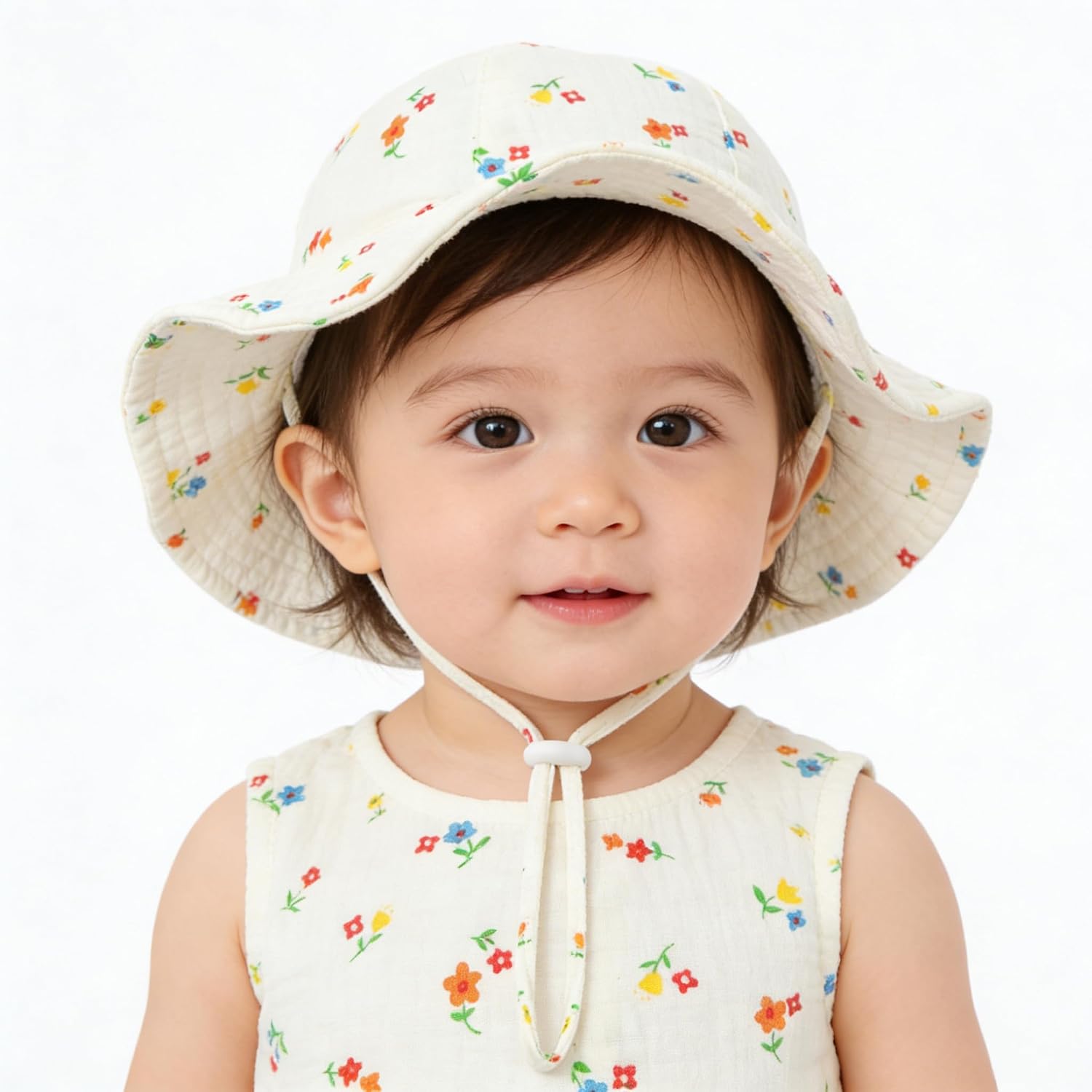 Baby-Girls-Flower-Cotton-Gauze-Bonnet - Wide Brim Sun Hat Infant Floral Bucket Hat with Strap, Breathable Summer Cap for Newborn & Baby 0-12 Months