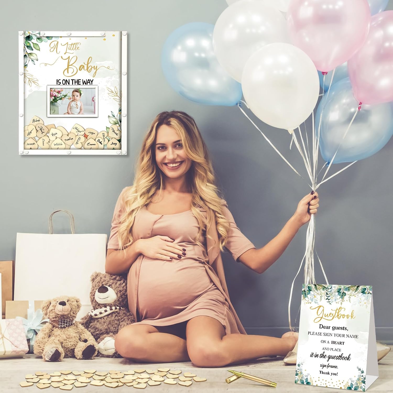 Beeveer 65 Pcs Baby Shower Guest Book Alternatives Baby Shower Sign in Guest Book Decorations Greenery BabyShower Decorations with Picture Frame and 60 Wooden Chip a LittleBaby is on The Way Favors