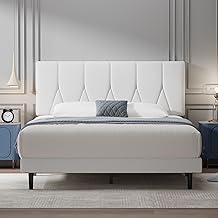 Yocreat Double Bed Frame, White, Upholstered Wooden Slat Bed Frame with Headboard, Easy Assembly, Underbed Storage, No Box Spring Needed 135×190