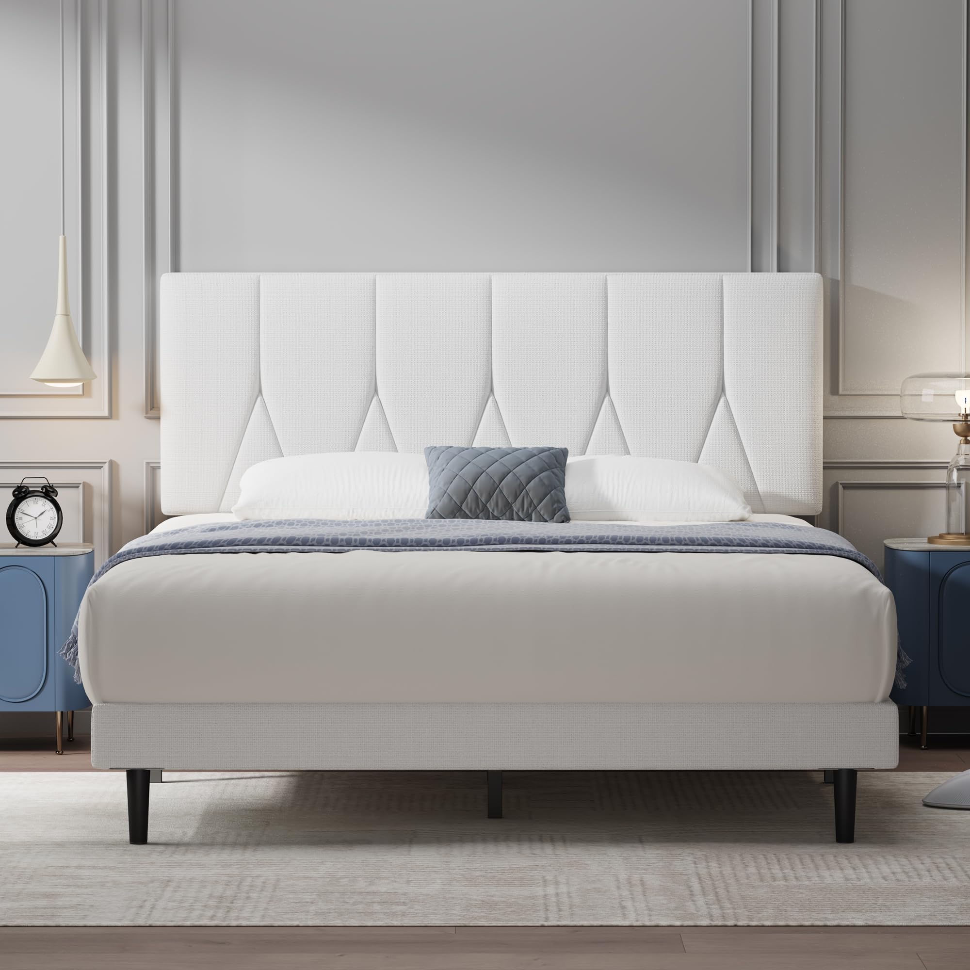 Yocreat Double Bed Frame, White, Upholstered Wooden Slat Bed Frame with Headboard, Easy Assembly, Underbed Storage, No Box Spring Needed 135×190 — image 1