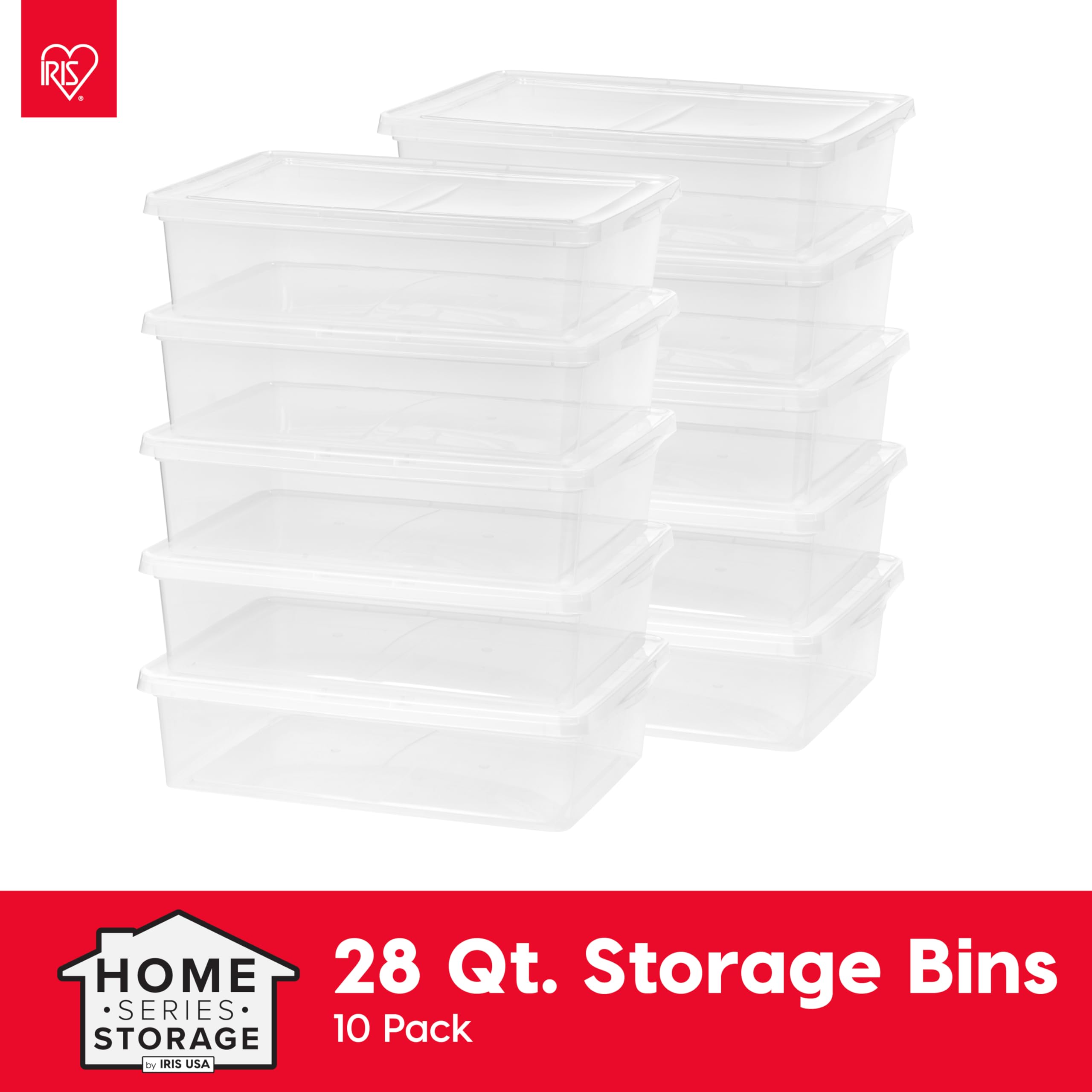 IRIS USA 28 Qt przezroczyste pudełko do przechowywania, bez BPA, plastikowy pojemnik do układania w stos z pokrywką, pojemniki do organizowania półek w szafie, ubrania, koce, ręczniki, organizacja w