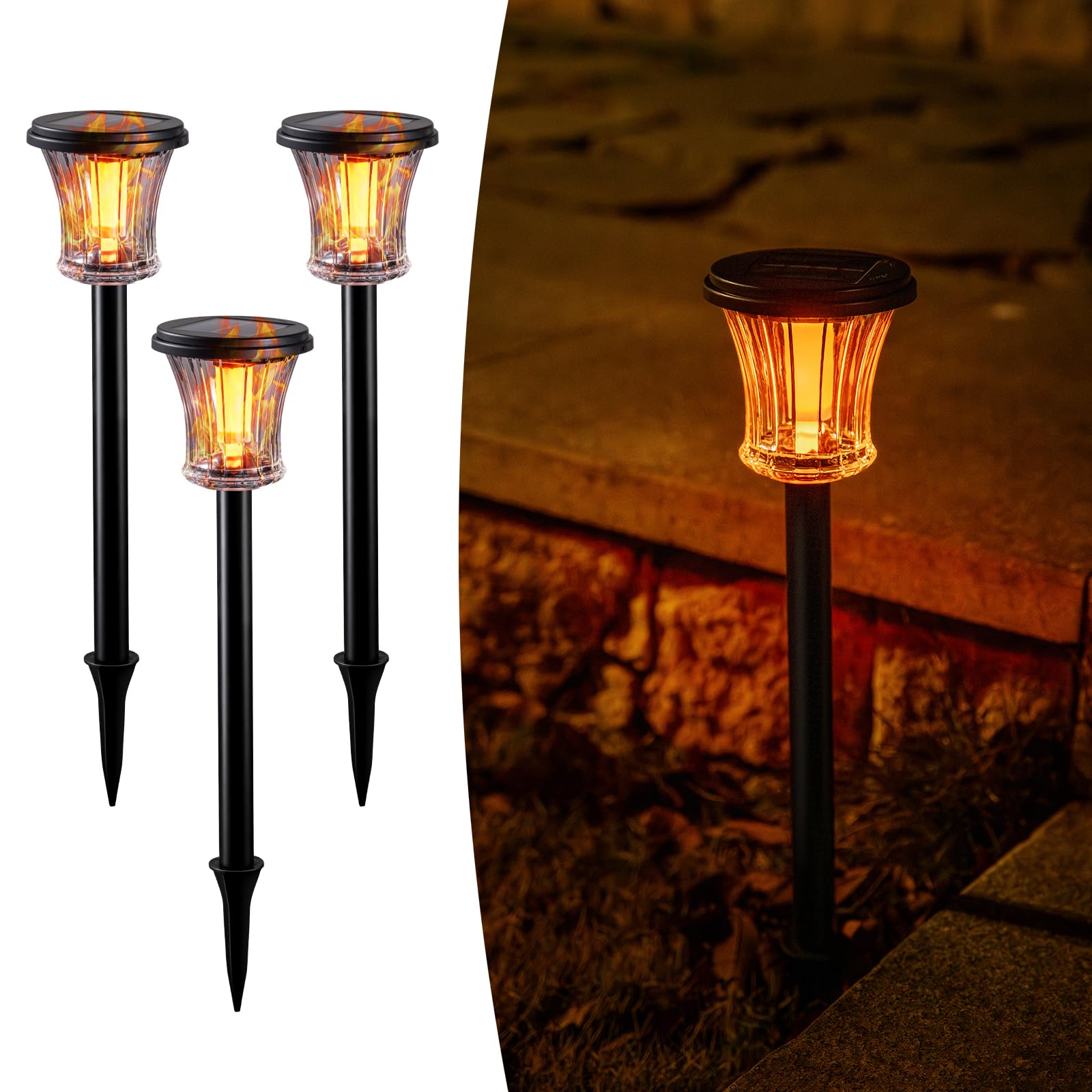 OPOIRA Glass Solar Torch Lights Outdoor Waterproof, Flickering Flame Tiki Torches with Modular Design, Auto On/Off LED Solar Lights for Garden Patio