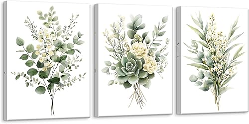 Zessonic Arte de pared botánico verde salvia, lienzo enmarcado en acuarela, decoración floral blanca moderna de plantas verdes para dormitorio, sala