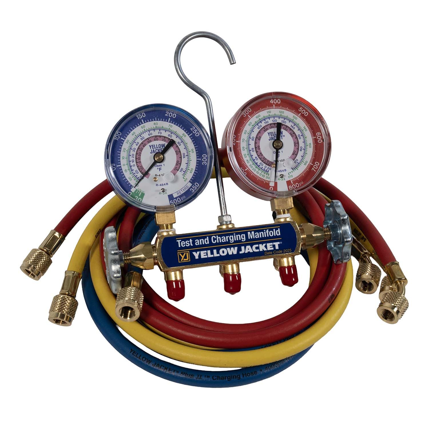 Yellow Jacket 42036 2-Valve Series 41 A2L Manifold, (psi °F) R32/454B/410A, 3-1/8" Gauges (60" Plus II R/Y/B Hoses)