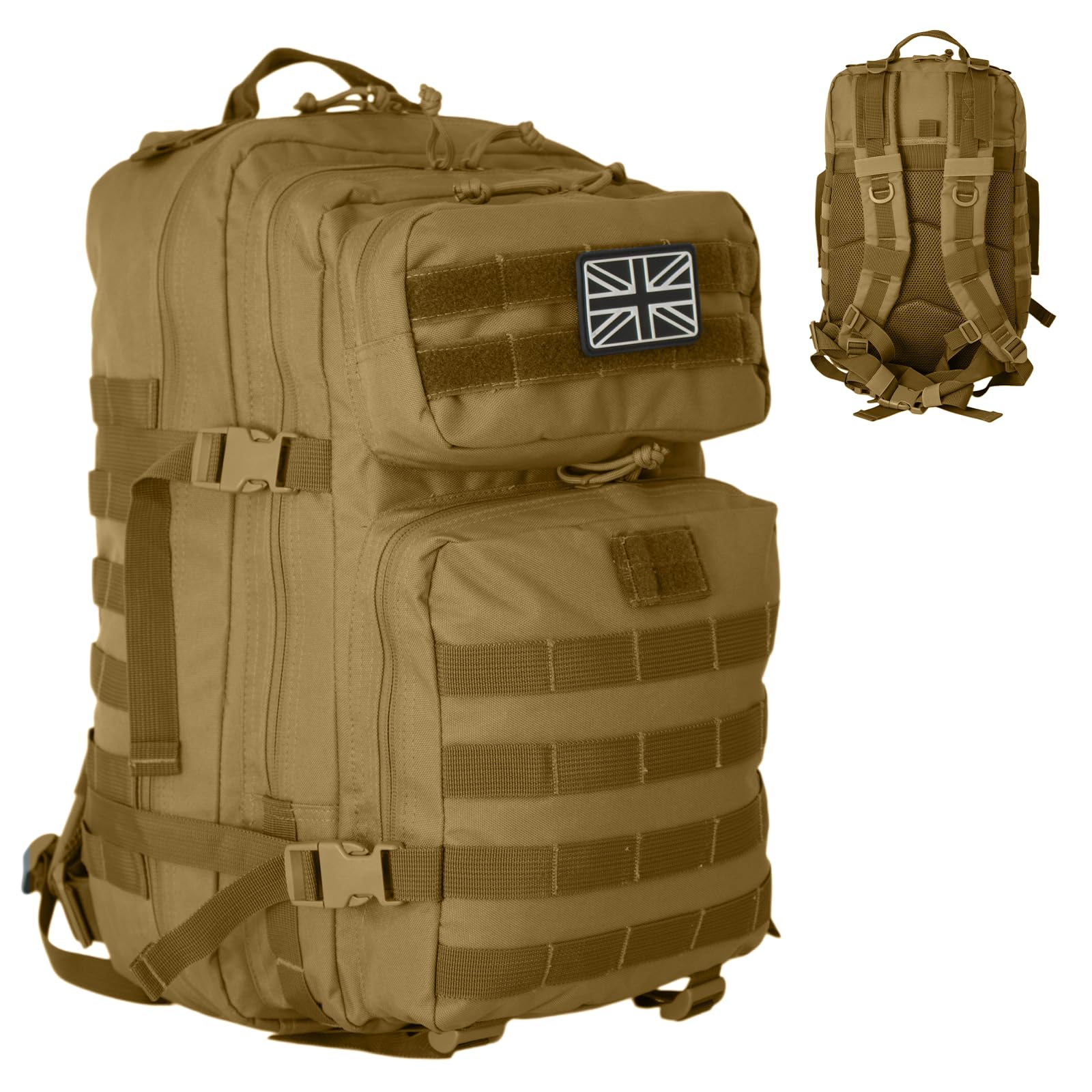 Military Tactical Backpack 21L – Heavy Duty Multi-Pocket MOLLE Rucksack with 180° Opening, Padded Breathable Back Panel, Adjustable Straps & Durable Zip Storage for Travel, Gym & Outdoor Use – Sand