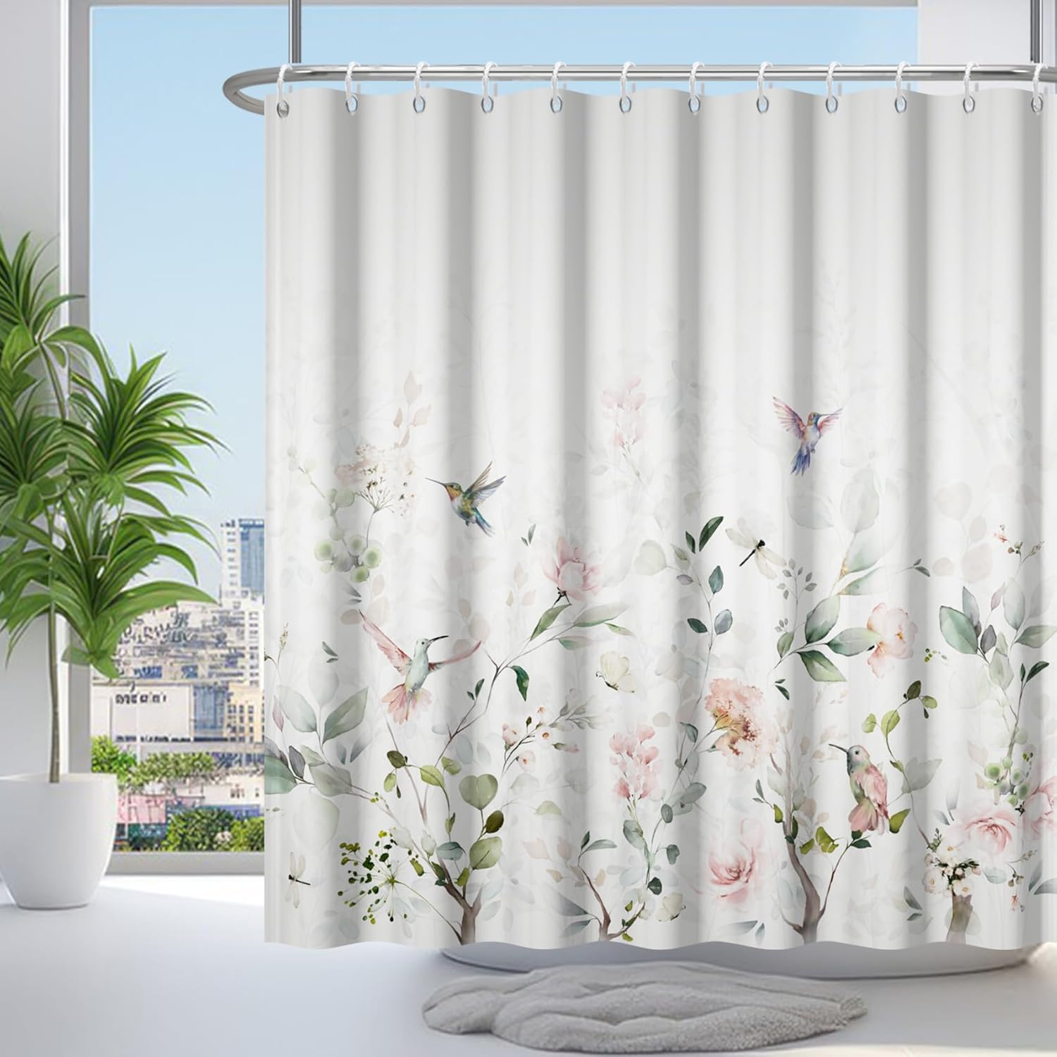 Renaiss 60x72 Inches Hummingbird Floral Shower Curtain Watercolor Pink Flowers Birds Green Eucalyptus Leaves Fabric Shower Curtains for Bathroom Decor Polyester Waterproof with Hooks