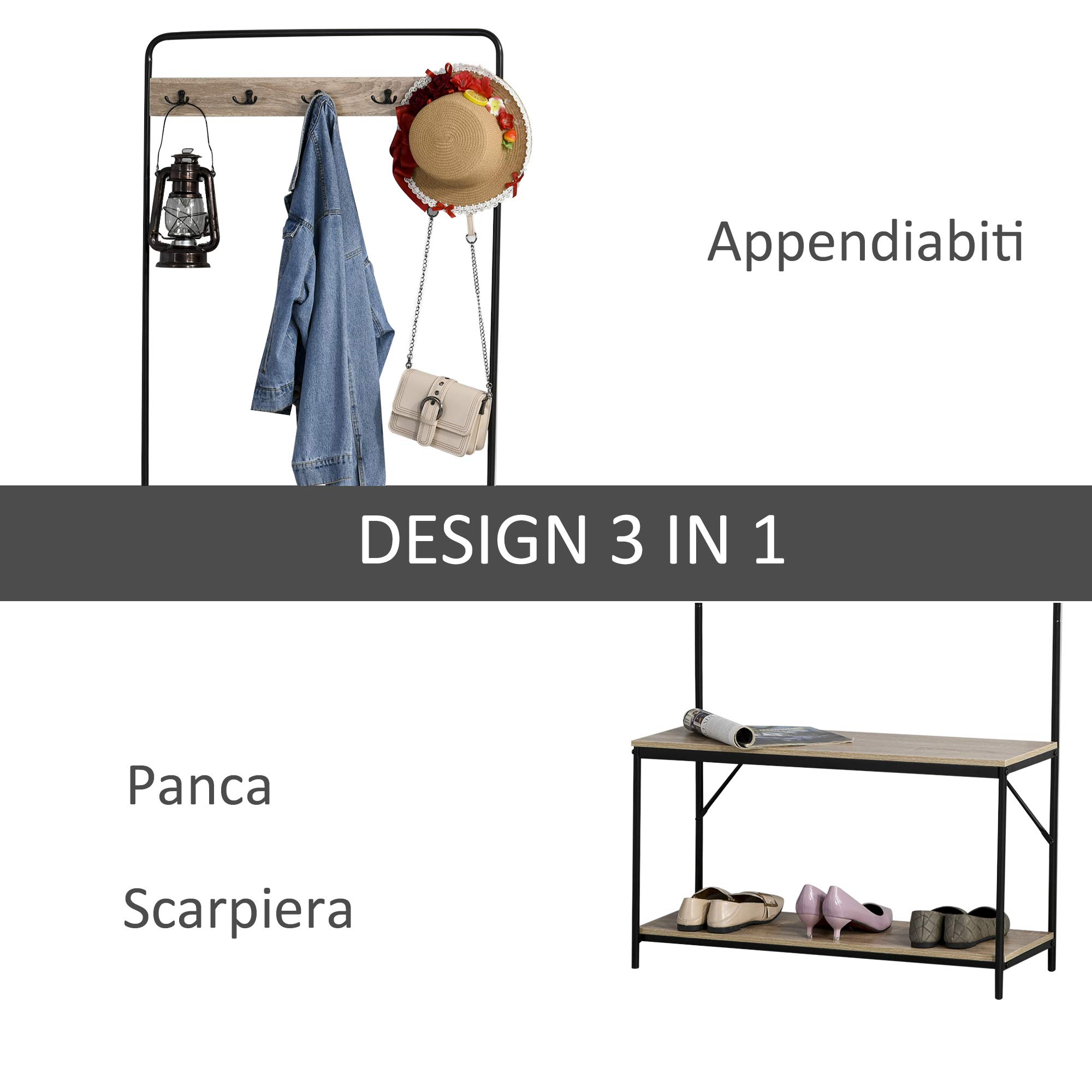 HOMCOM 3 in 1 Appendiabiti con Panca e Scarpiera, 80.5x30x170 cm, Nero | Stile Industriale, Mobile per Ingresso Vintage, Legno e Acciaio