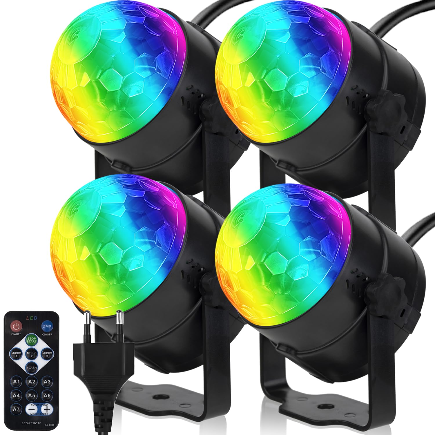 4er-Pack Discokugel Partylicht mit Fernbedienung, 4 m Netzkabel, Europäischer Stecker, musikgesteuert, tragbar für draußen und drinnen, DJ Licht, Party Gadgets, Discolicht