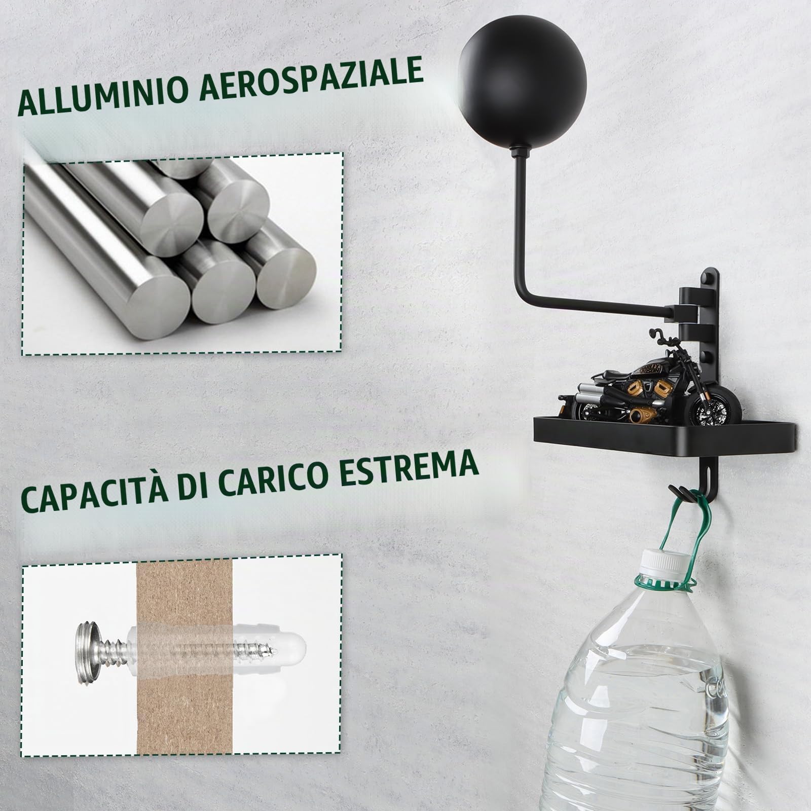 PUERSI Portacasco a Parete, Design Girevole a 180 Gradi, Supporto per Casco per Biciclette da Corsa in Moto con Gancio per Appendere Abbigliamento Sportivo, Giacca, Chiavi