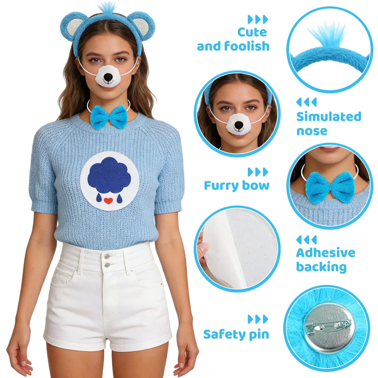 ZXTGBQ 5 Pcs Blue Bear Costume Accessories Furry Bear Ears Headband Nose Bow Tie Tail and Sticker Set Cute Animal Costume Accessory Kids Adult for Halloween Carnival Easter Cosplay World Book Day - Image 4