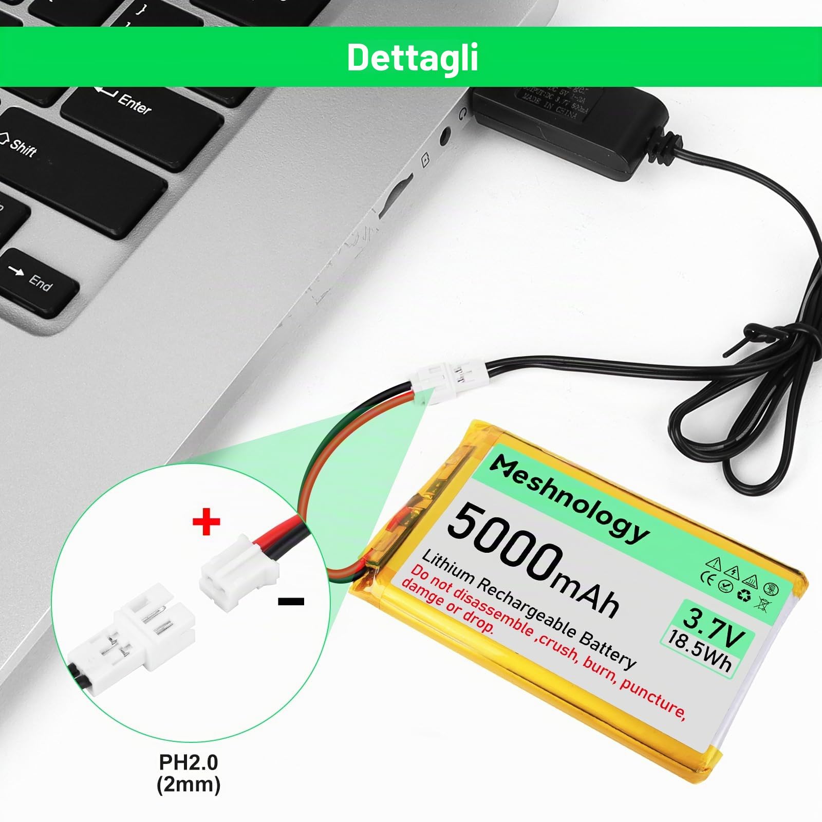 2 PZ 3.7V 5000mAh Li Batteria 105080 con PH 2.0 USB Cavo del Caricatore 1S LiPo Batteria con Bordo di Protezione Isolato Nastro di Gomma per Arduino ESP32 Scheda Modulo Drone RC Auto