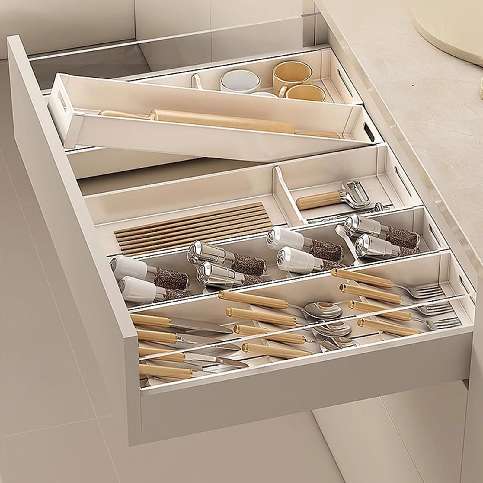 Organisateur de tiroir à Couverts – Plateau à ustensiles en Aluminium avec séparateurs réglables, Insert de tiroir combinable et Personnalisable pour la Cuisine, Rangement Polyvalent pour co