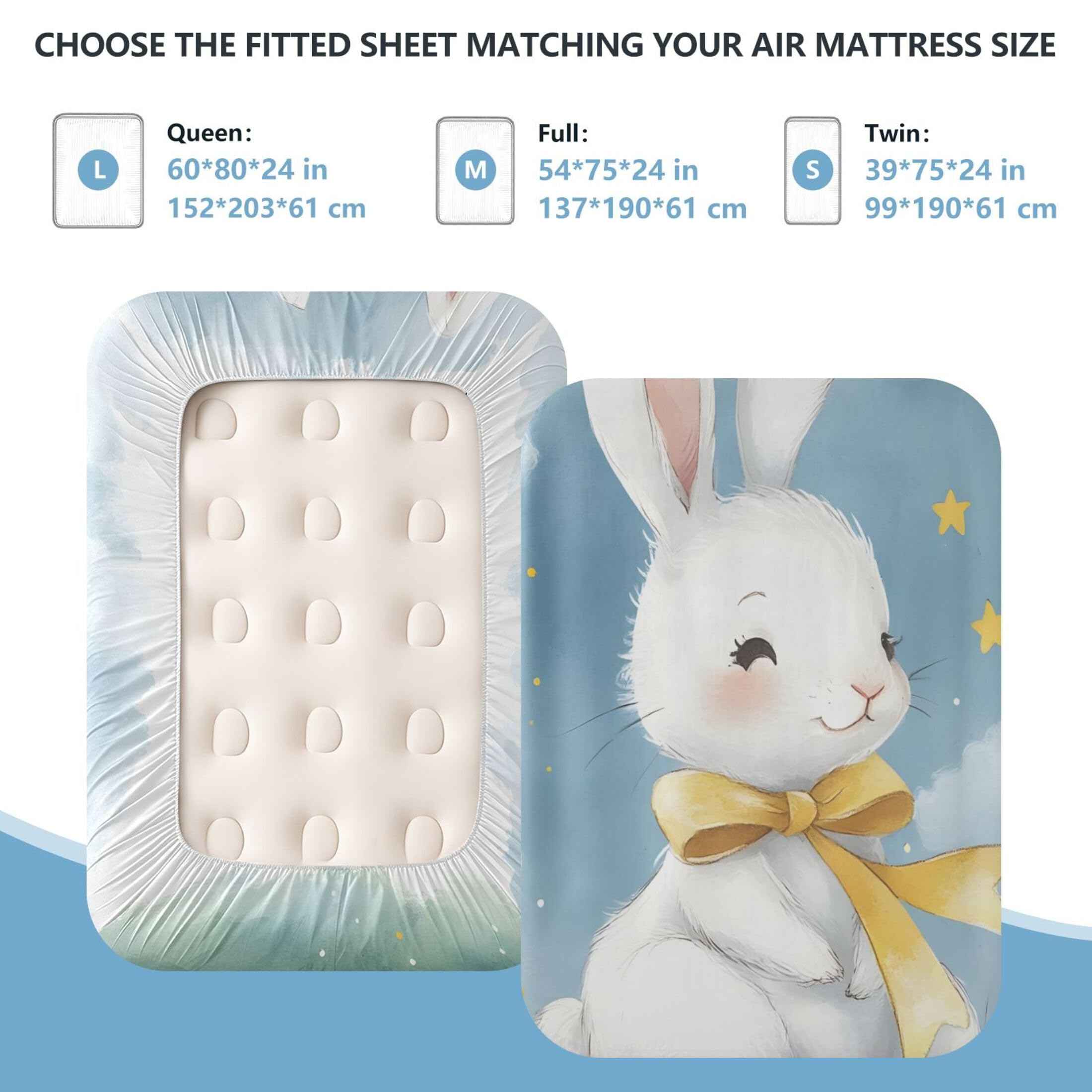 Sábana bajera ajustable de conejo de dibujos animados para colchón de aire, bolsillo extra profundo de 24 pulgadas, funda suave y transpirable con apertura de válvula de cremallera para cama