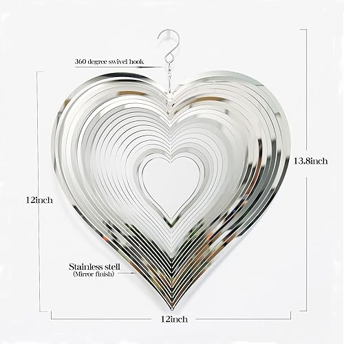 Miniatura 6 de DJUAN Giradores de Viento para Exteriores Decoraciones de Metal, Giradores de Viento de Corazón Plateado para Patio y Jardín, Campanillas de Viento