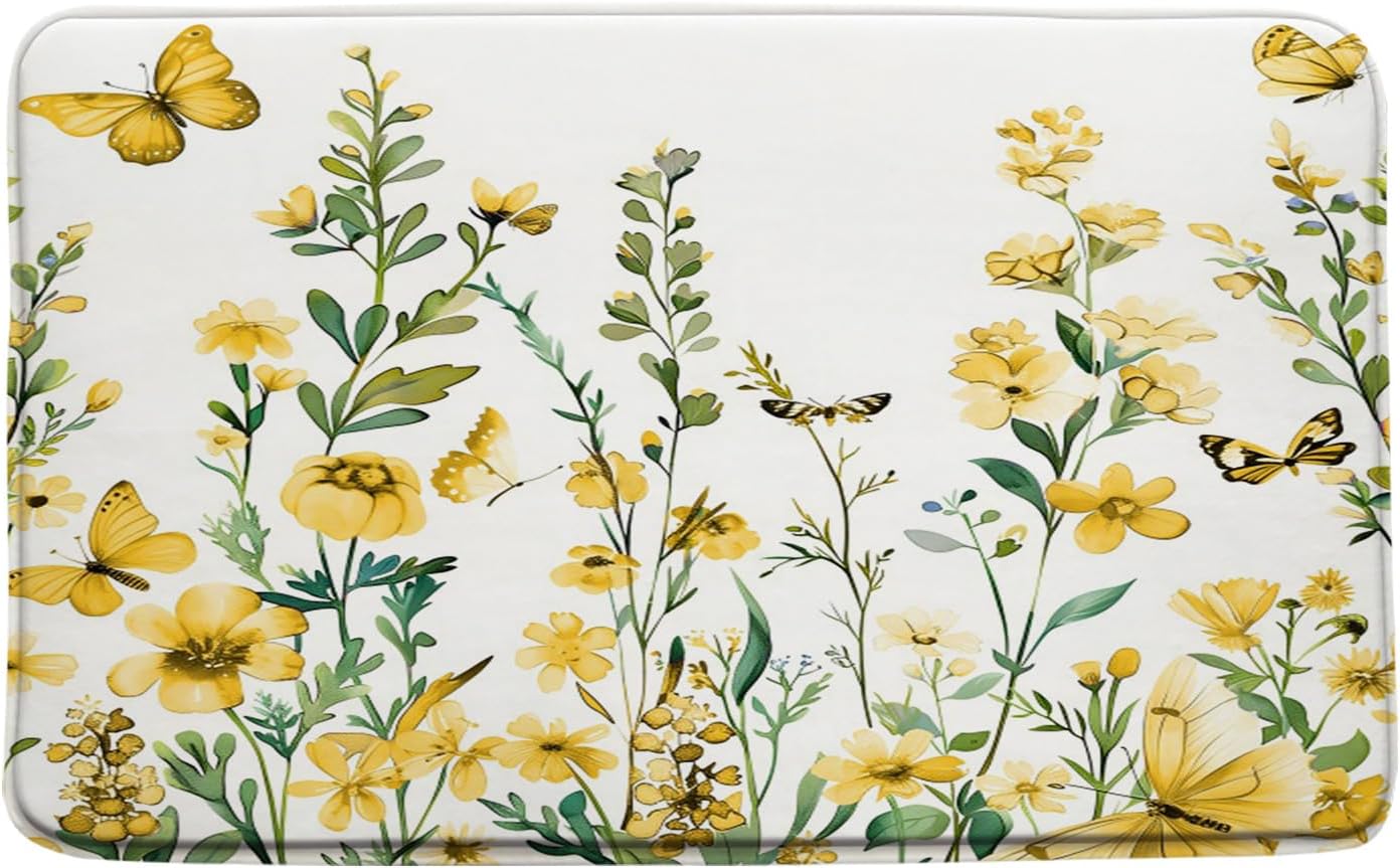 GCTNBJL Yellow Floral Runner Bath Mat Watercolor Flower Butterfly Plant Cute Bathroom Kitchen Memory Foam Rug,24x60 Inch