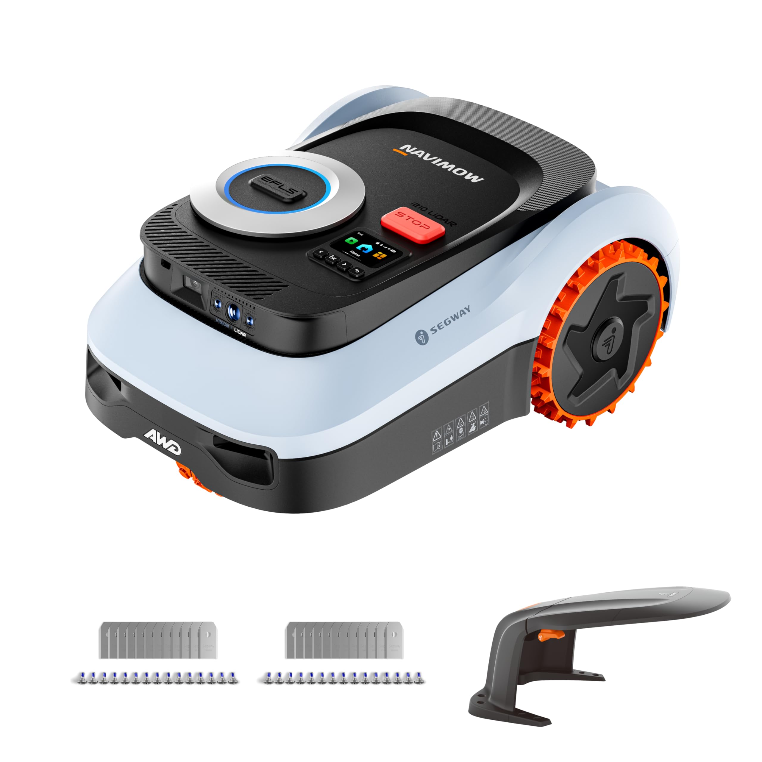 Segway Navimow i210 LiDAR Pro Mähroboter mit Garage M +2 Sätze Klingen (separater Versand), für 1000 m², LiDAR+Vision+NRTK Tri-Fusion-Positionierung, Xero-Turn AWD für 55% Steigungen, Auto-Kartierung