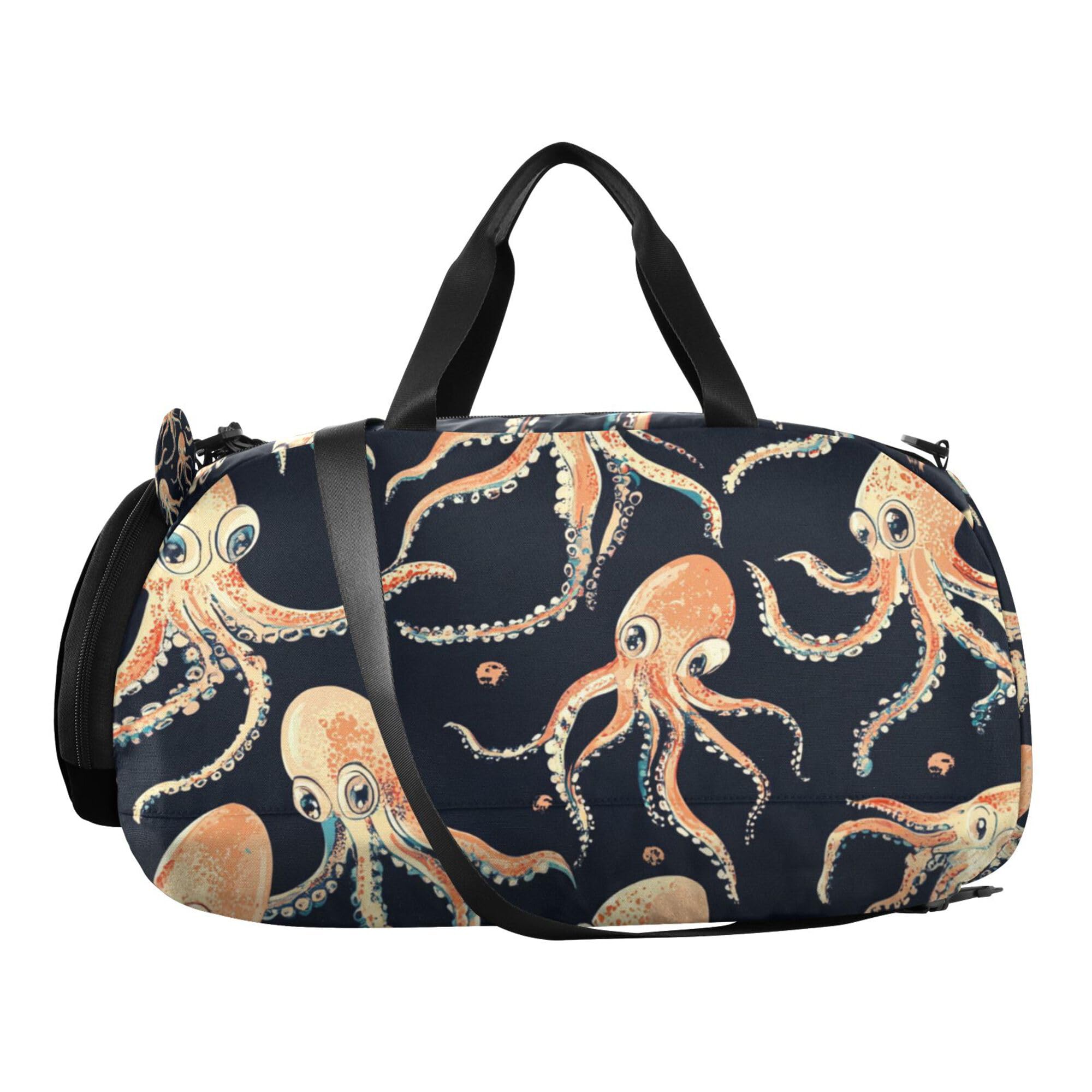 Glaphy Cute Squid Pattern Duffle Bag for Toddler Boys Girls, Gym Sports Bag with Shoe Compartments, Kids Travel Overnight Weekender Shoulder Bag