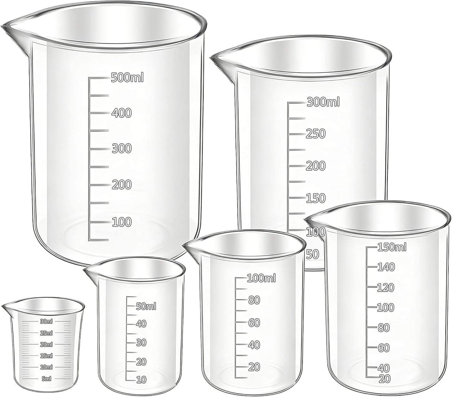 Zestaw 6 kubków z miarką, 30 ml, 50 ml, 100 ml, 150 ml, 250 ml, 500 ml, do laboratorium, kuchni, środków piorących, środków chemicznych