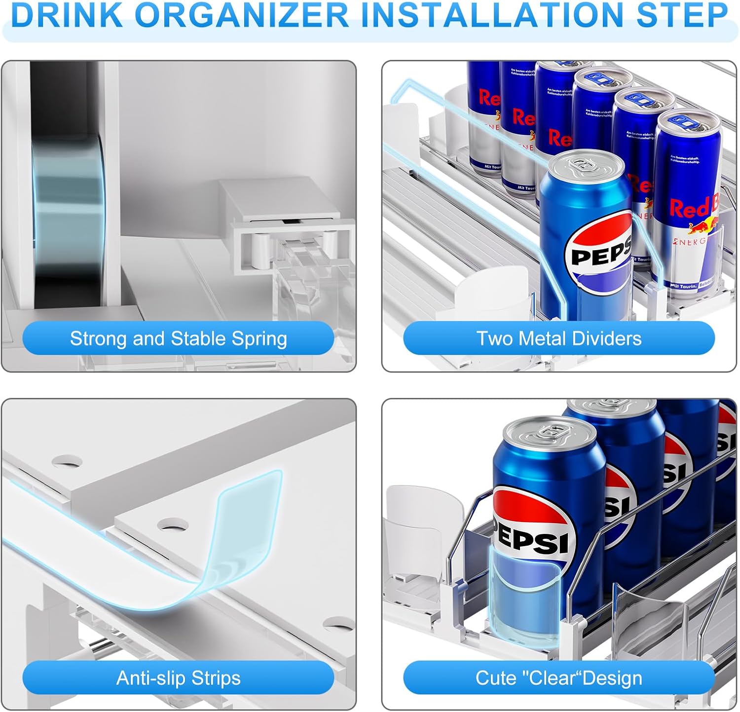 Drink Organizer for Fridge,5 Rows Fridge Soda Can Organizer,20oz 16oz 12oz-Self Pushing Soda Dispenser for Fridge,Adjustable Width-Holds up to 25 Cans,White - Image 5