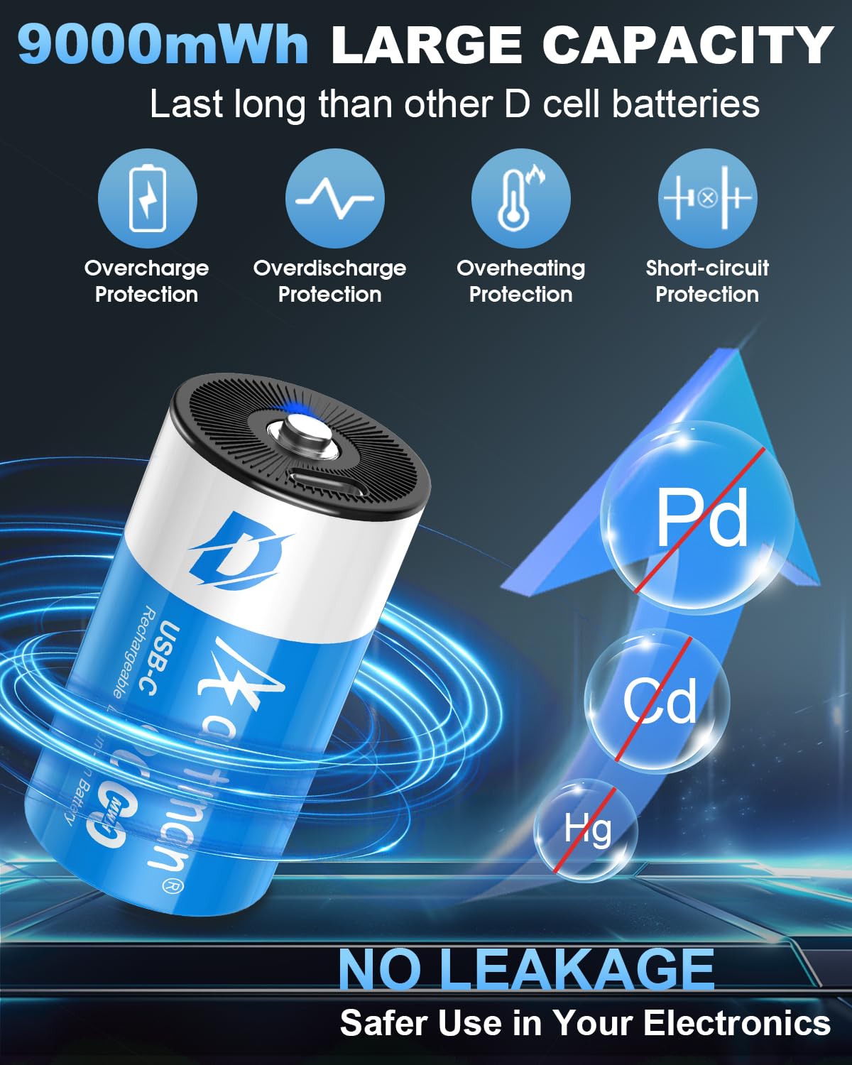 Artman - Confezione da 4 batterie ricaricabili al litio D, 9000 mWh, ricaricabili agli ioni di litio, con cavo di ricarica USB-C 2 in 1, batterie da 1,5 V, dimensioni D, per proiettori, scaldabagno