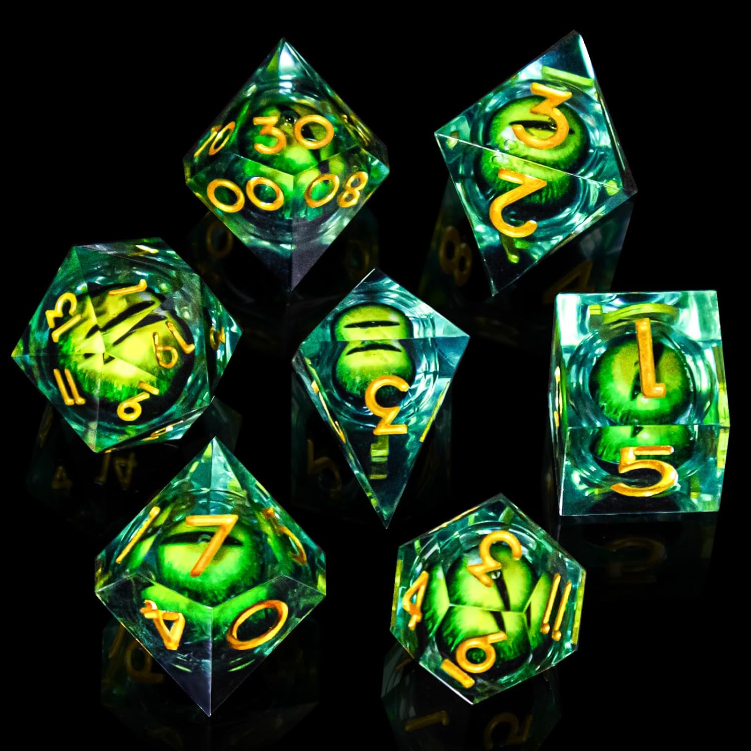 DND Resin Dice Dragon Eye Liquid Core Dice Set Sharp Edged Dice Set with Box, Dungeons and Dragons Polyhedral Dice, D&D RPG Role Playing Games (Green)