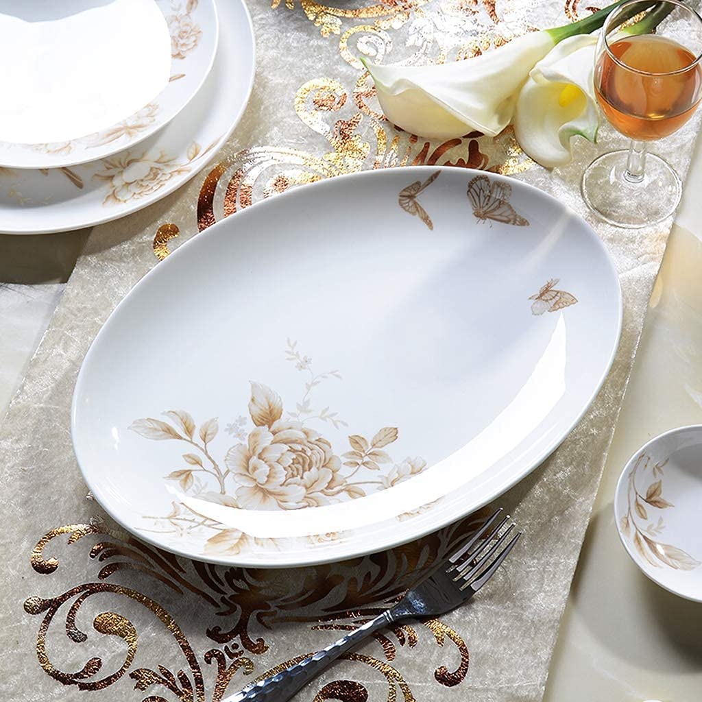 Juego de vajilla de cerámica con 50 Piezas (Plato, Olla y Cuchara) | Vajilla de Porcelana China, Juego Completo de Porcelana Garden Spring