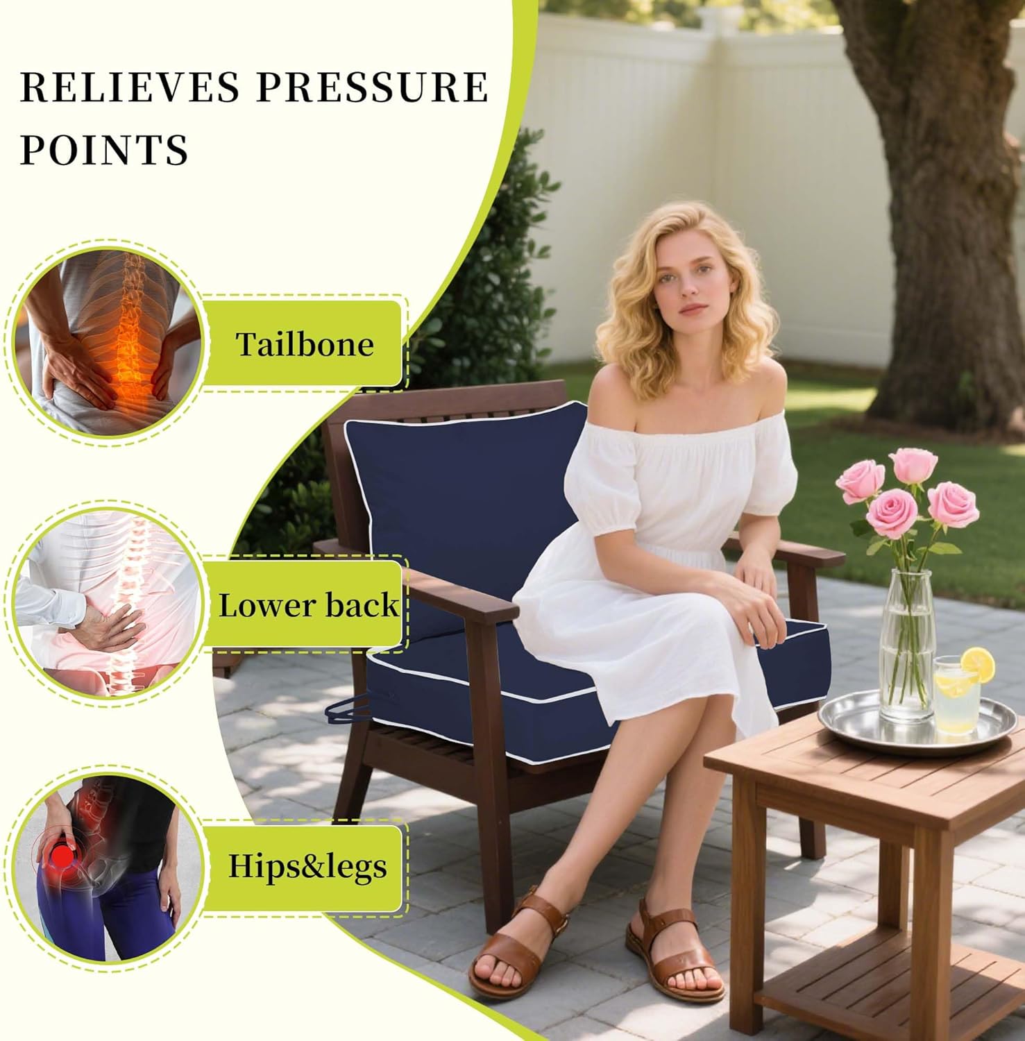 Waterproof Outdoor Patio Chair Cushions Set of 2, 24x24x5'' Deep Seat Cushions for Outdoor Furniture w/ Fade Resistant Removable Cover,Ties & Handle for Outside Chair Sofa Couch,Navy Blue+White Pipes