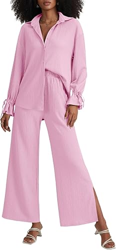 LYANER Women's 2 Piece Outfits Long Sleeve Button Down Shirt and Wide Leg Pants 